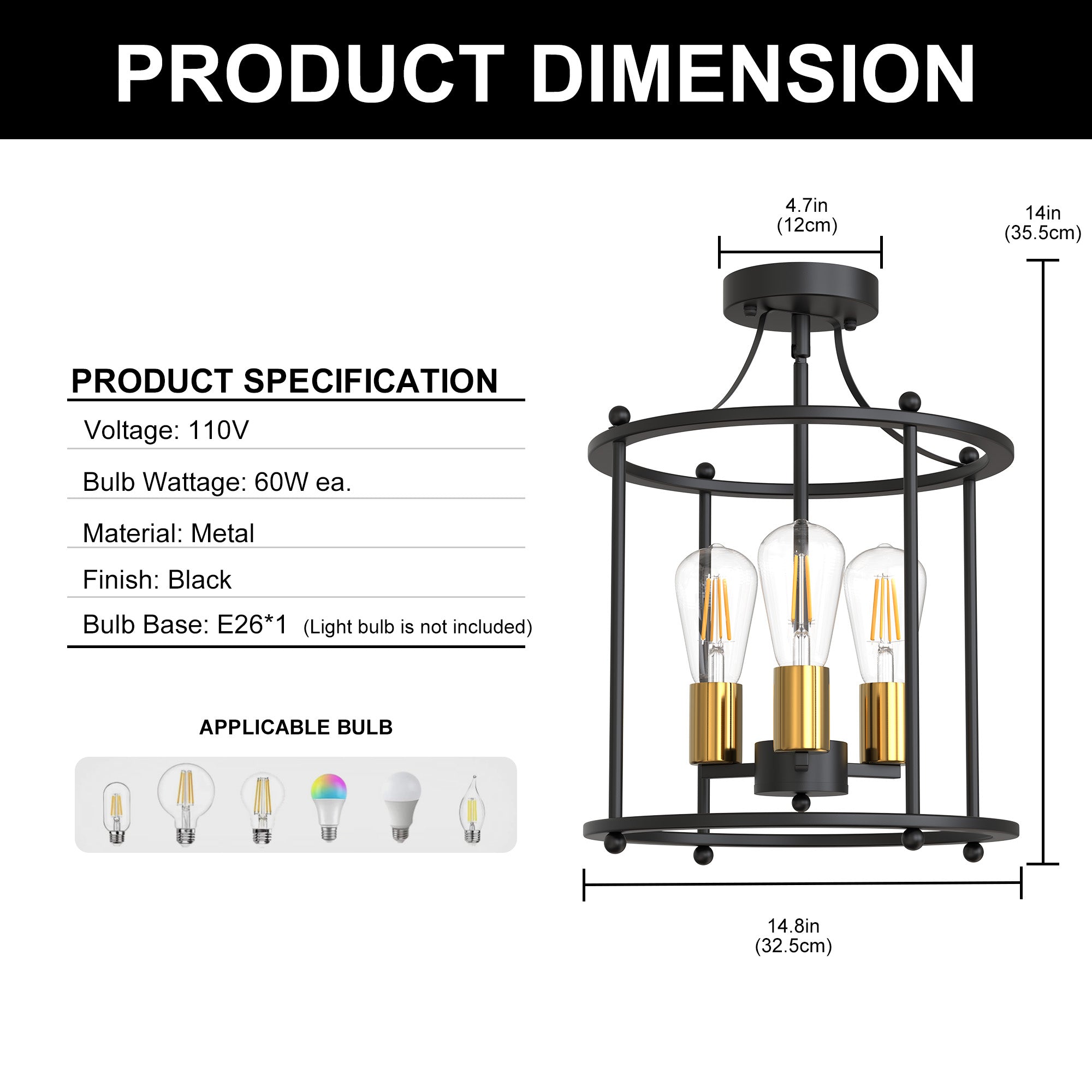 Jandcase 13 in. 3-Light Black Vintage Drum Farmhouse Semi-Flush Mount Ceiling Fixture with No Glass Shade 1-pack