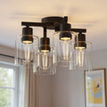 Jandcase 13.2 in. 4-Light Semi-Flush Mount Ceiling Light, Branch Design, Matte Black, Clear Glass Shades, Non-Integrated Bulb