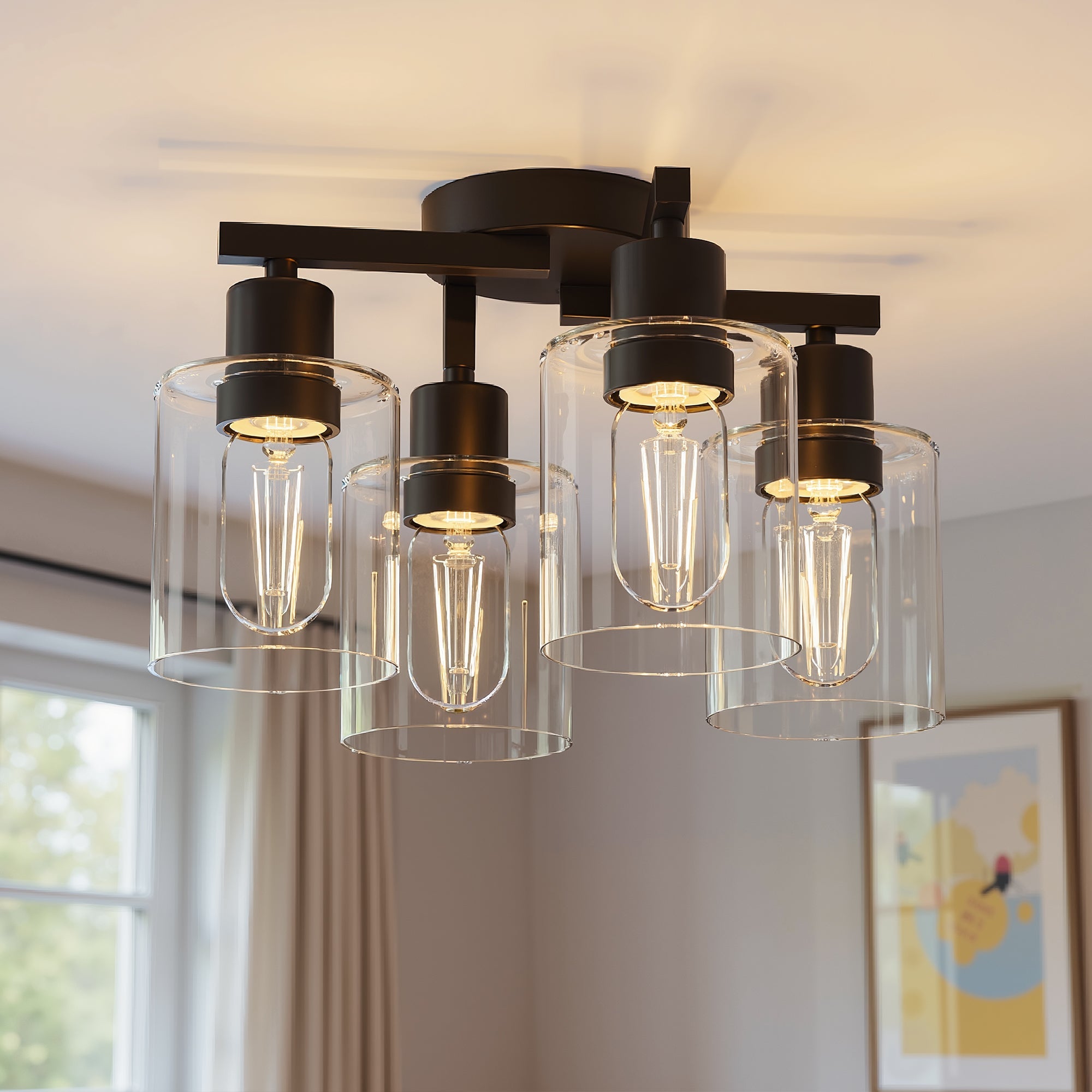 Jandcase 13.2 in. 4-Light Semi-Flush Mount Ceiling Light, Branch Design, Matte Black, Clear Glass Shades, Non-Integrated Bulb