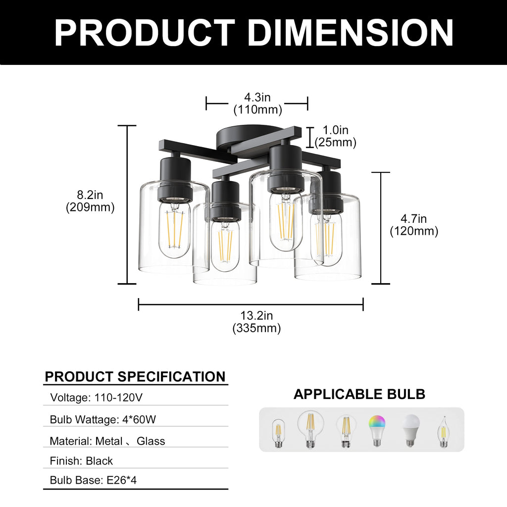 Jandcase 13.2 in. 4-Light Semi-Flush Mount Ceiling Light, Branch Design, Matte Black, Clear Glass Shades, Non-Integrated Bulb