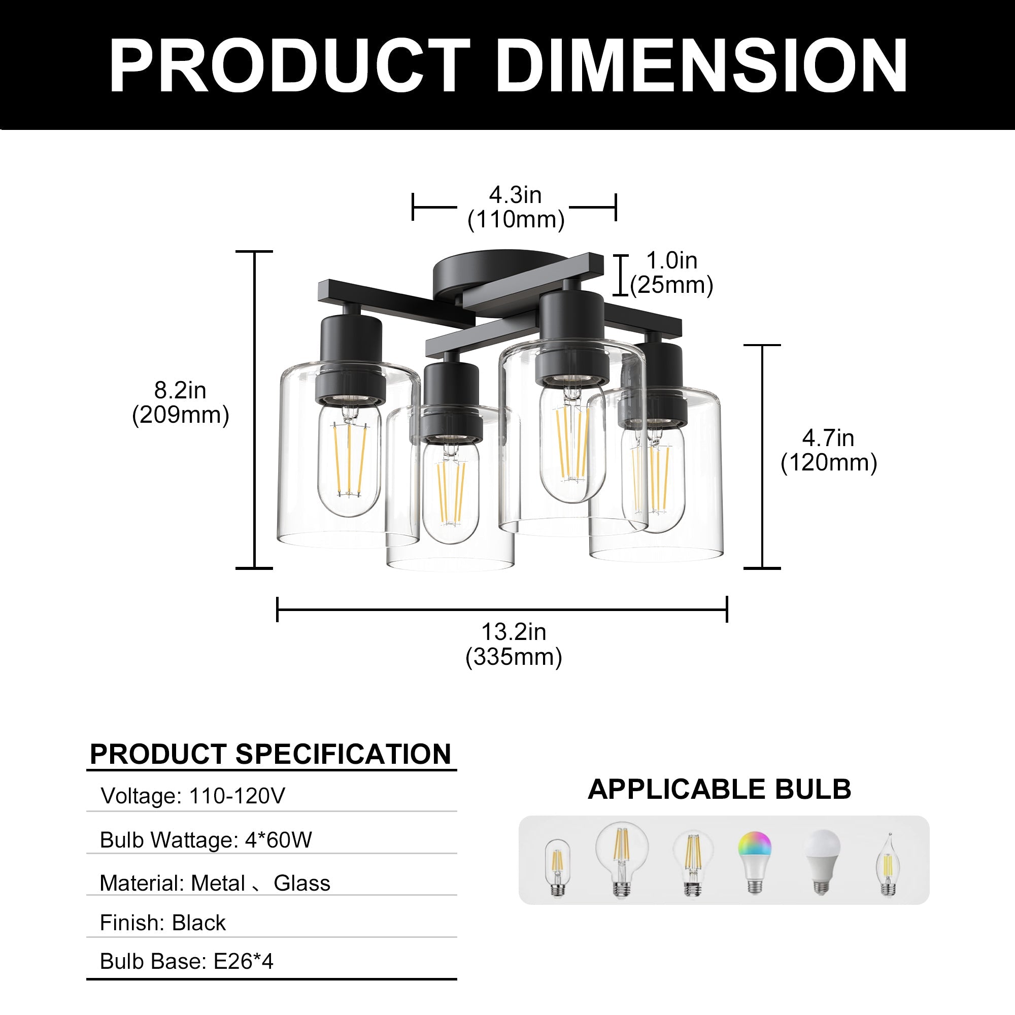 Jandcase 13.2 in. 4-Light Semi-Flush Mount Ceiling Light, Branch Design, Matte Black, Clear Glass Shades, Non-Integrated Bulb