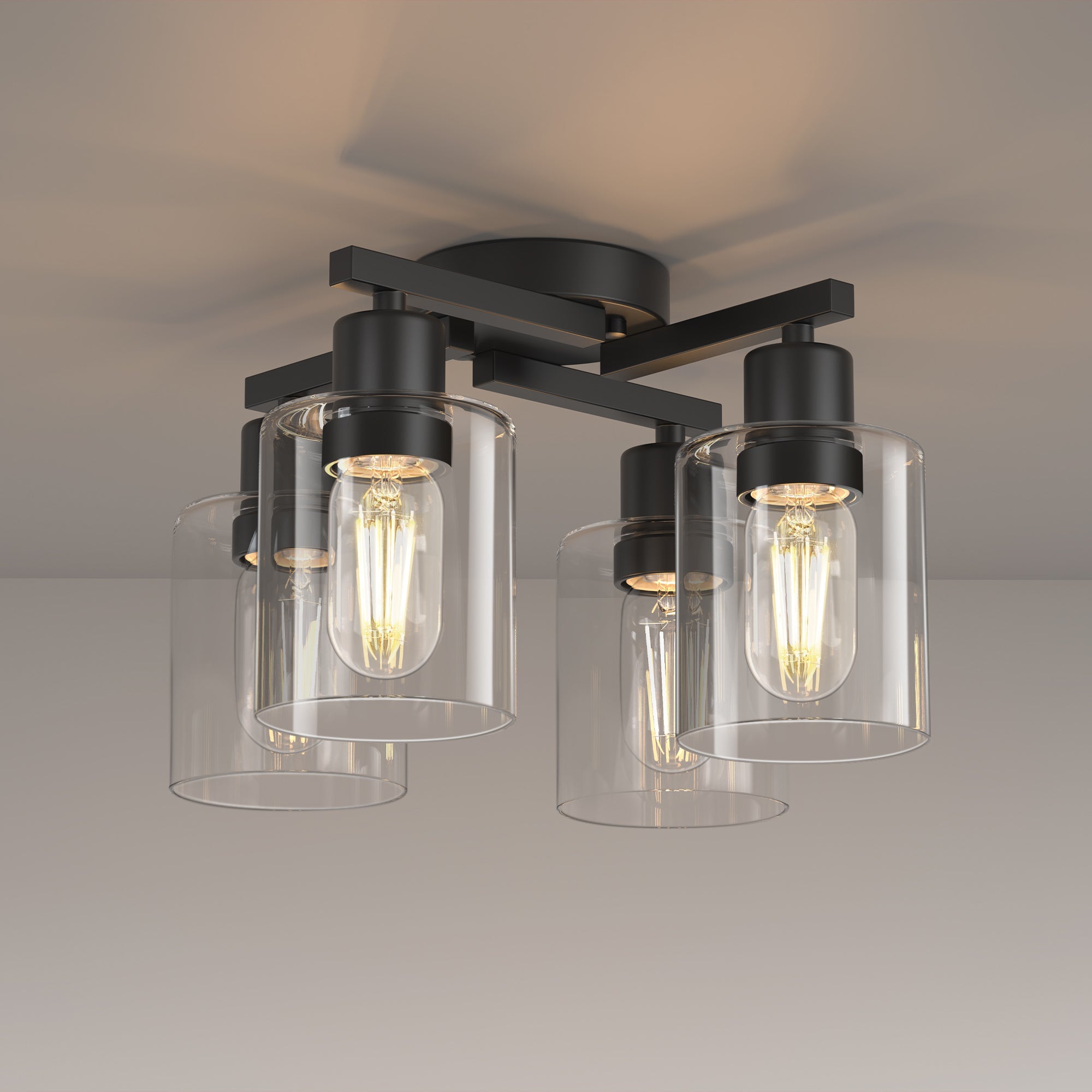 Jandcase 13.2 in. 4-Light Semi-Flush Mount Ceiling Light, Branch Design, Matte Black, Clear Glass Shades, Non-Integrated Bulb