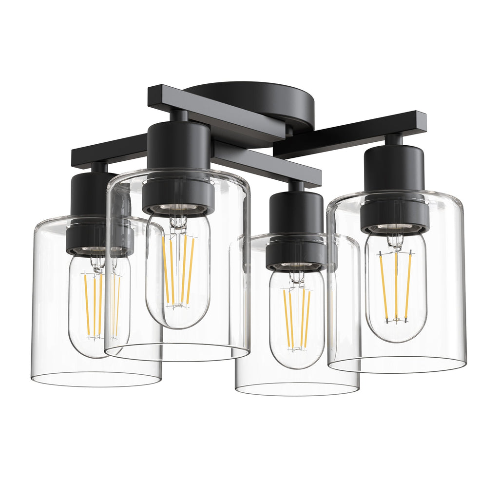Jandcase 13.2 in. 4-Light Semi-Flush Mount Ceiling Light, Branch Design, Matte Black, Clear Glass Shades, Non-Integrated Bulb