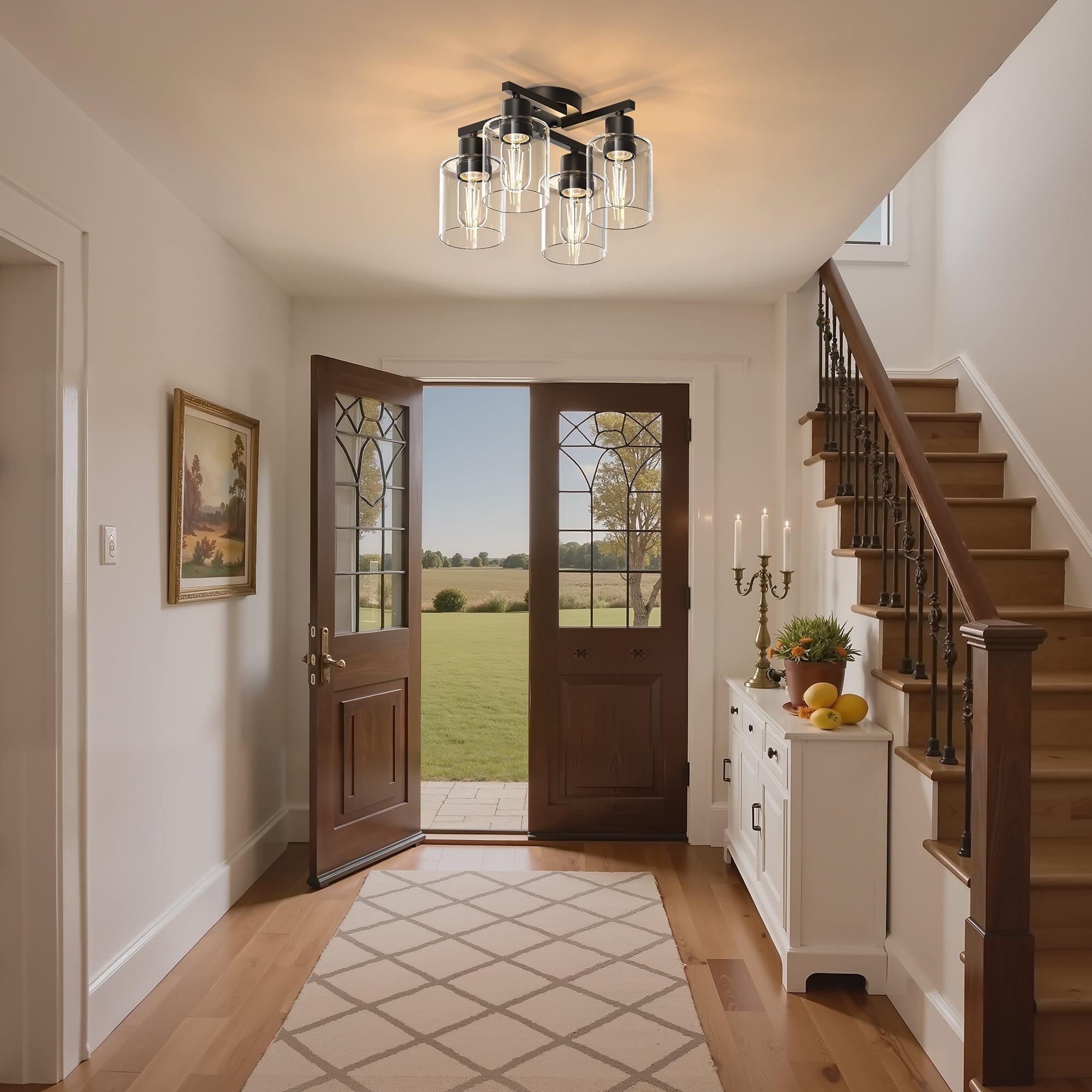Jandcase 13.2 in. 4-Light Semi-Flush Mount Ceiling Light, Branch Design, Matte Black, Clear Glass Shades, Non-Integrated Bulb