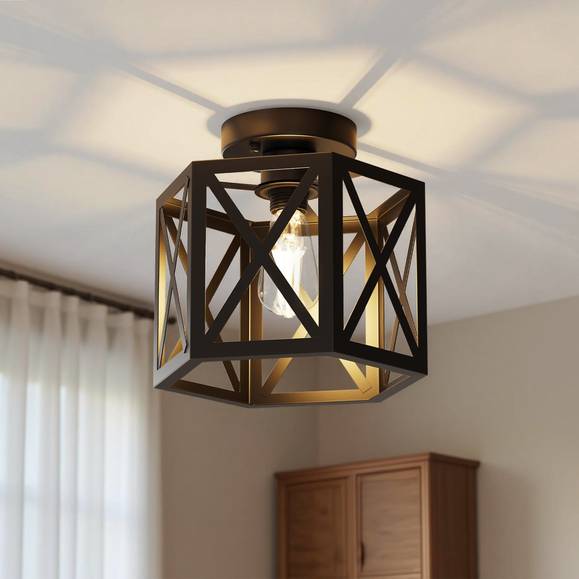 Jandcase 9.4 in. Industrial Matte Black Hexagon Semi Flush Mount Ceiling Light with Black Metal Shade for Foryers, E26 Socket,