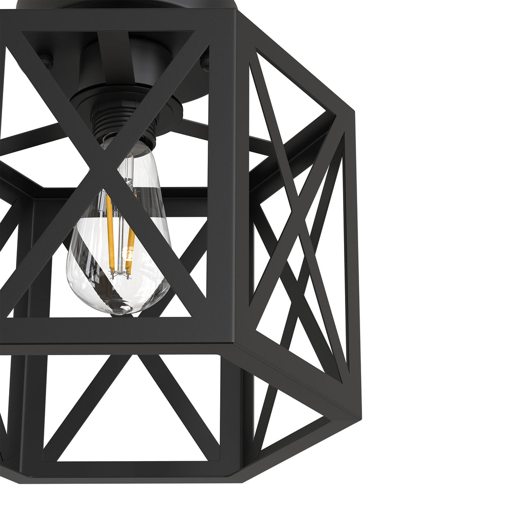 Jandcase 9.4 in. Industrial Matte Black Hexagon Semi Flush Mount Ceiling Light with Black Metal Shade for Foryers, E26 Socket,