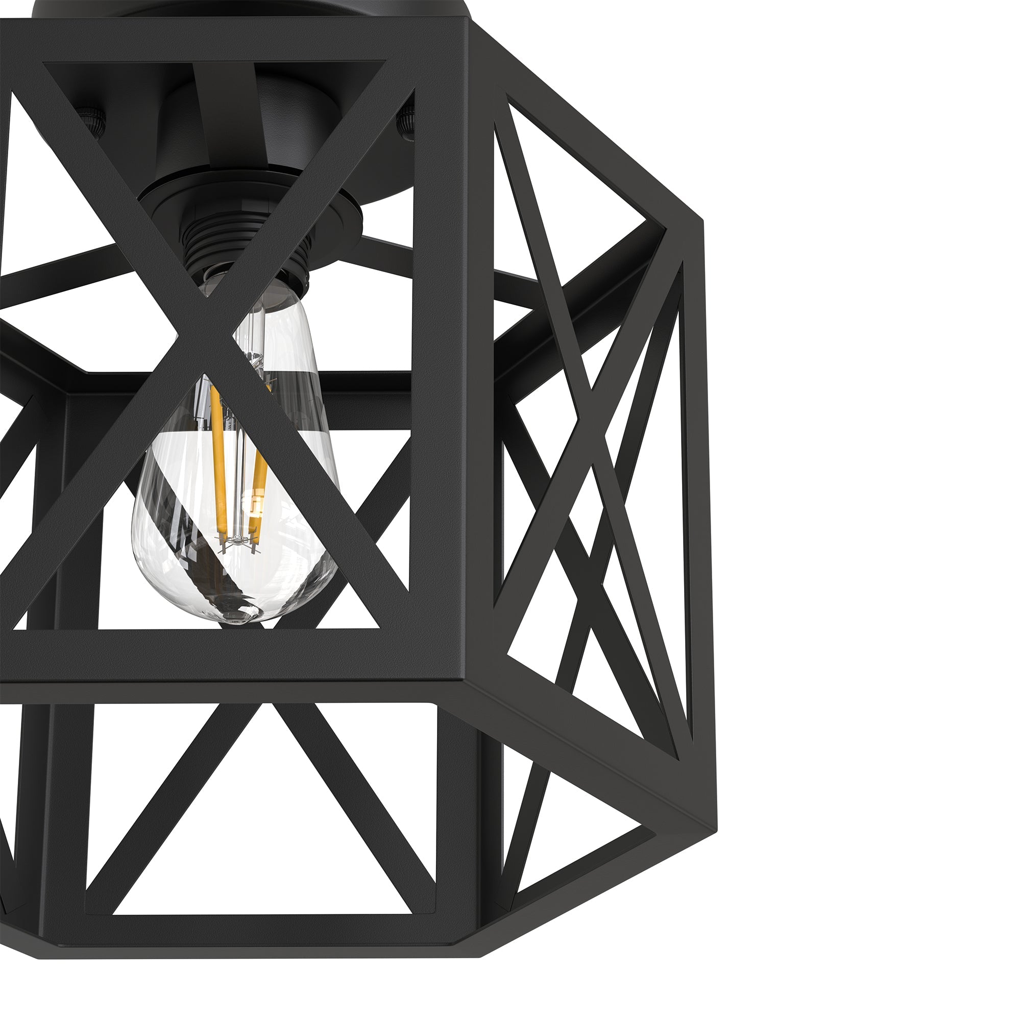 Jandcase 9.4 in. Industrial Matte Black Hexagon Semi Flush Mount Ceiling Light with Black Metal Shade for Foryers, E26 Socket,