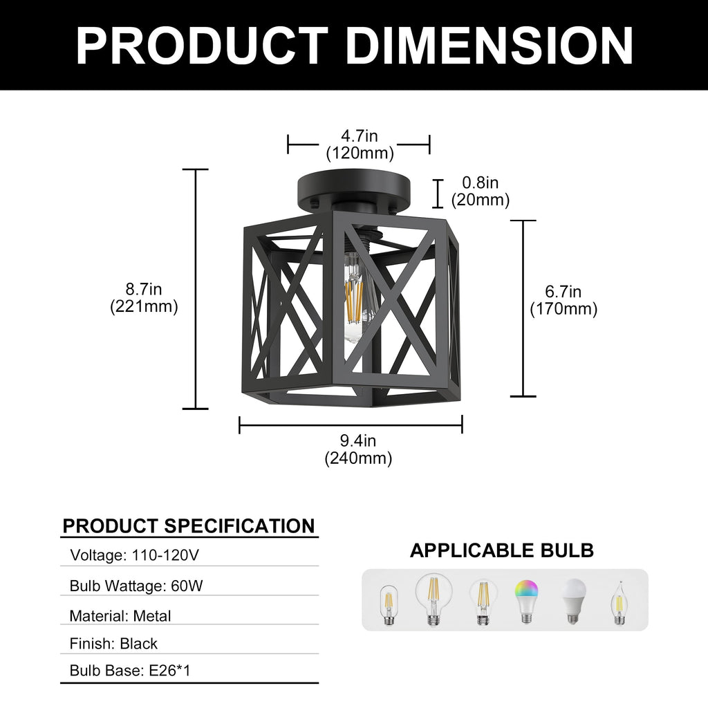 Jandcase 9.4 in. Industrial Matte Black Hexagon Semi Flush Mount Ceiling Light with Black Metal Shade for Foryers, E26 Socket,