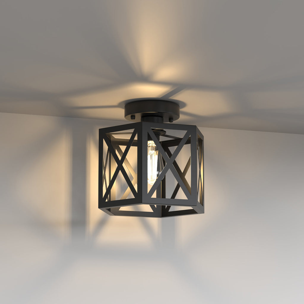 Jandcase 9.4 in. Industrial Matte Black Hexagon Semi Flush Mount Ceiling Light with Black Metal Shade for Foryers, E26 Socket,