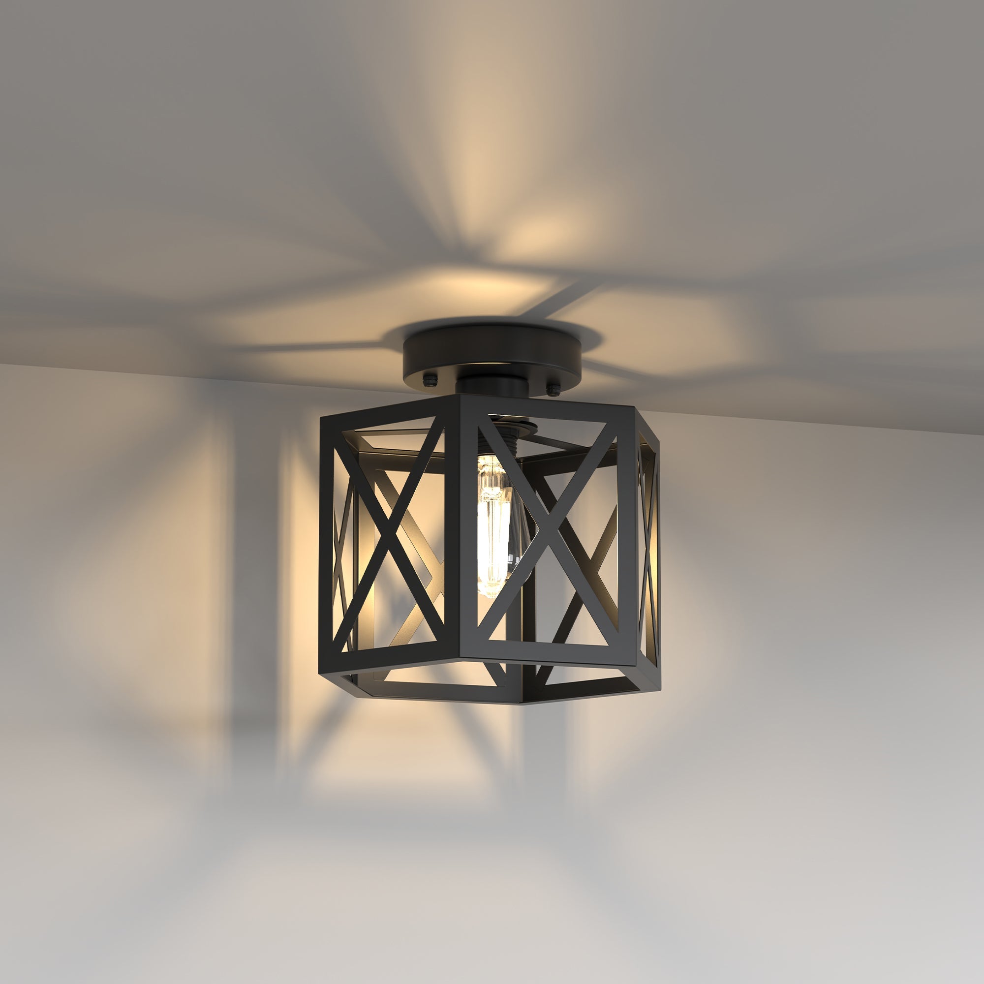 Jandcase 9.4 in. Industrial Matte Black Hexagon Semi Flush Mount Ceiling Light with Black Metal Shade for Foryers, E26 Socket,