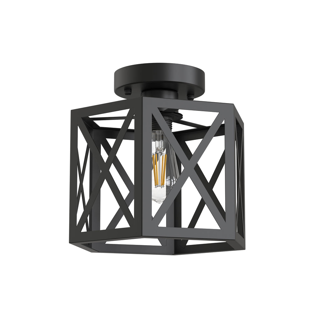 Jandcase 9.4 in. Industrial Matte Black Hexagon Semi Flush Mount Ceiling Light with Black Metal Shade for Foryers, E26 Socket,