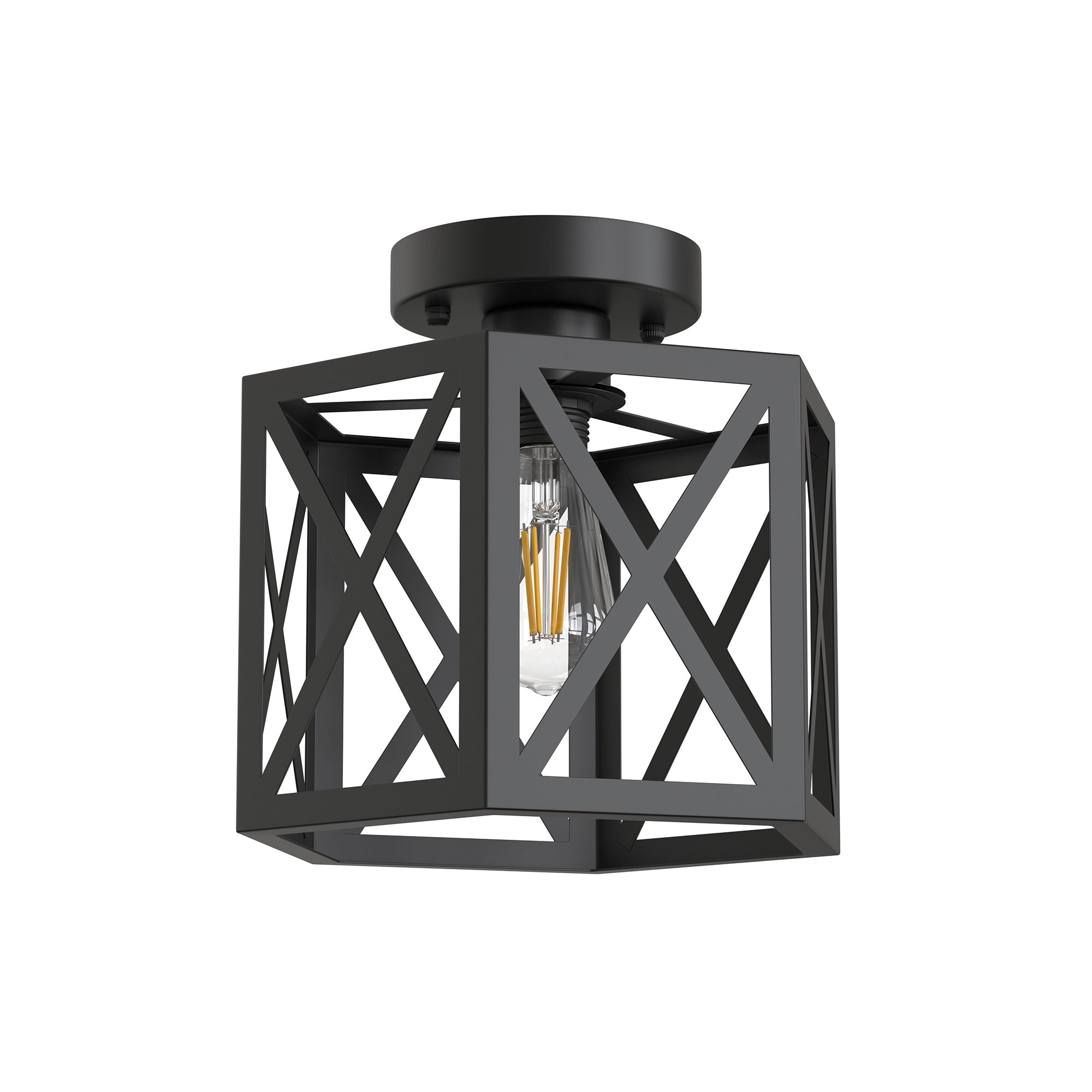 Jandcase 9.4 in. Industrial Matte Black Hexagon Semi Flush Mount Ceiling Light with Black Metal Shade for Foryers, E26 Socket,