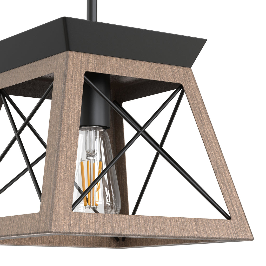 Jandcase 1-Light Rustic Industrial Pendant Light with Dark Wood Grain Finish Iron Rod Hanging Ceiling Fixture