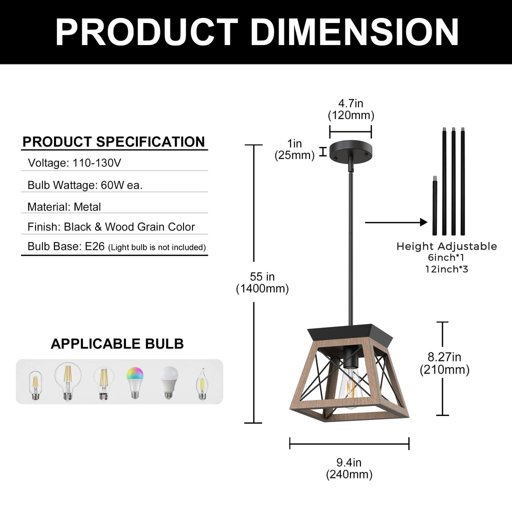 Jandcase 1-Light Rustic Industrial Pendant Light with Dark Wood Grain Finish Iron Rod Hanging Ceiling Fixture