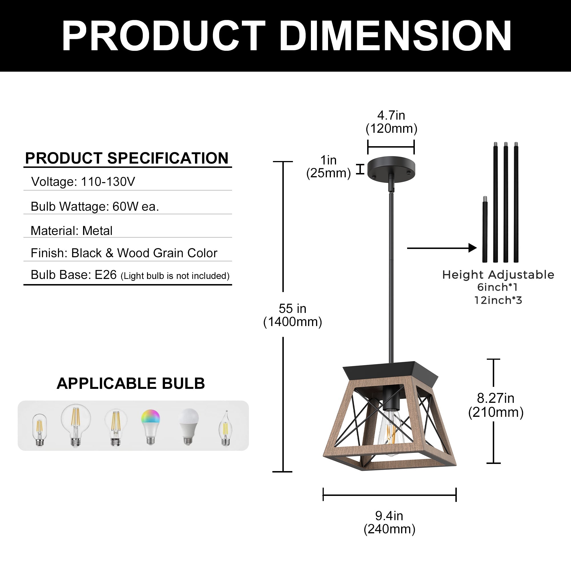 Jandcase 1-Light Rustic Industrial Pendant Light with Dark Wood Grain Finish Iron Rod Hanging Ceiling Fixture