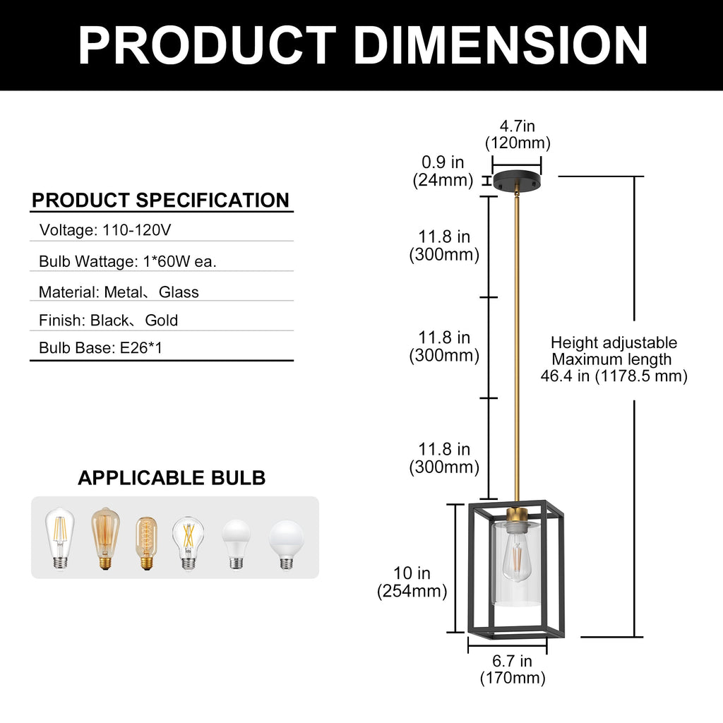 Jandcase 1-Light Modern Pendant Light, Black and Gold Hanging Ceiling Light Fixture E26, Industrial Vintage Single Light for Kitchen Island Dining Room