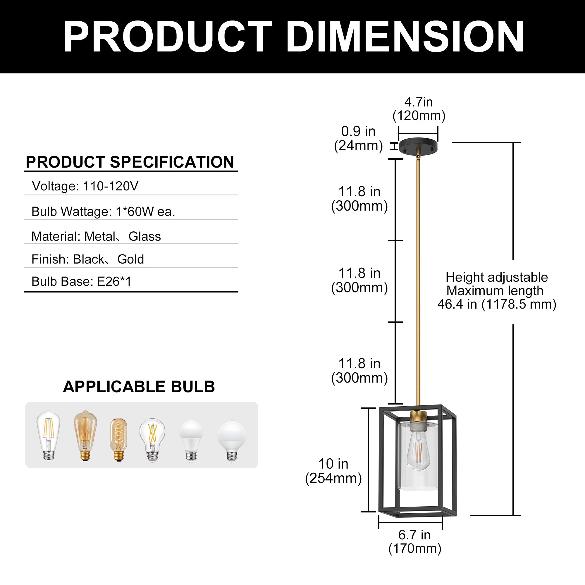 Jandcase 1-Light Modern Pendant Light, Black and Gold Hanging Ceiling Light Fixture E26, Industrial Vintage Single Light for Kitchen Island Dining Room