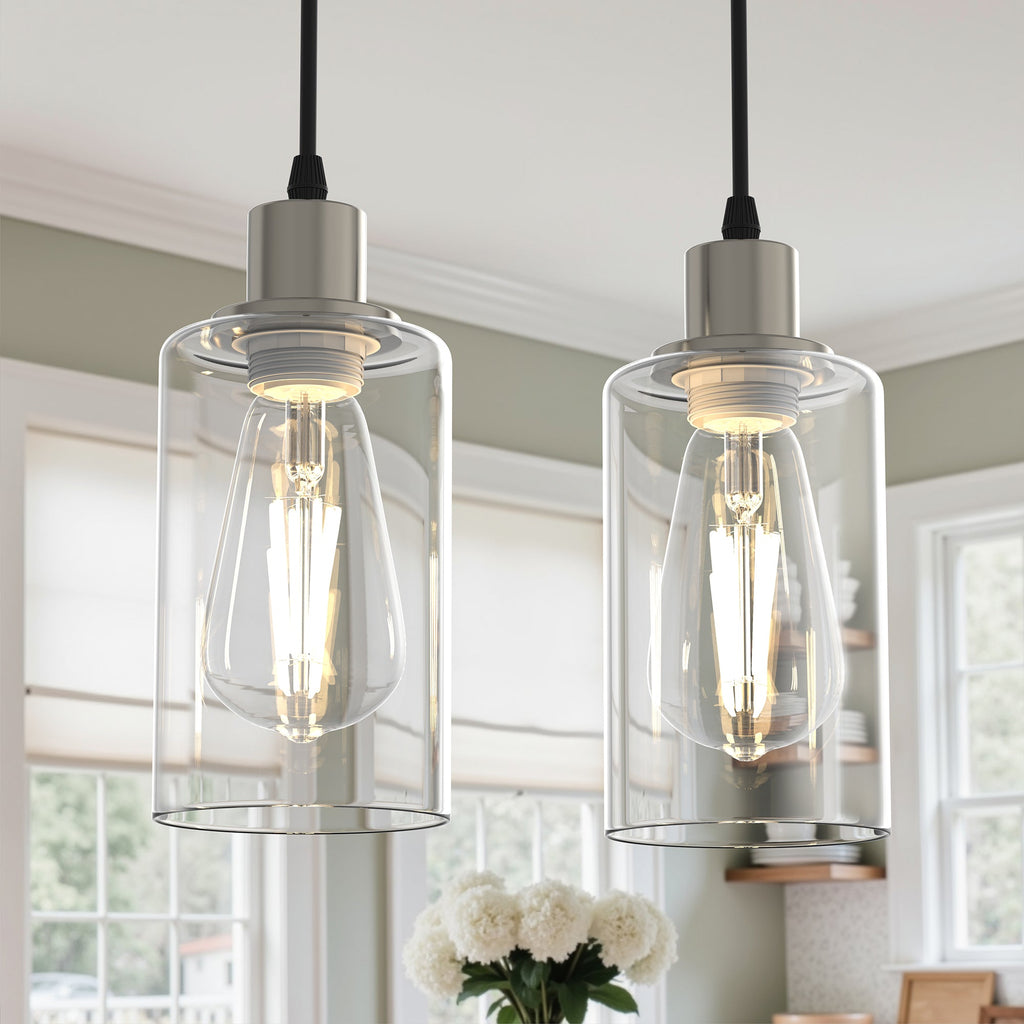 Jandcase 1 Light Nickel Pendant Light with Clear Glass Shade for Kitchen and Dining Room, No Bulbs Included (Set of 2)