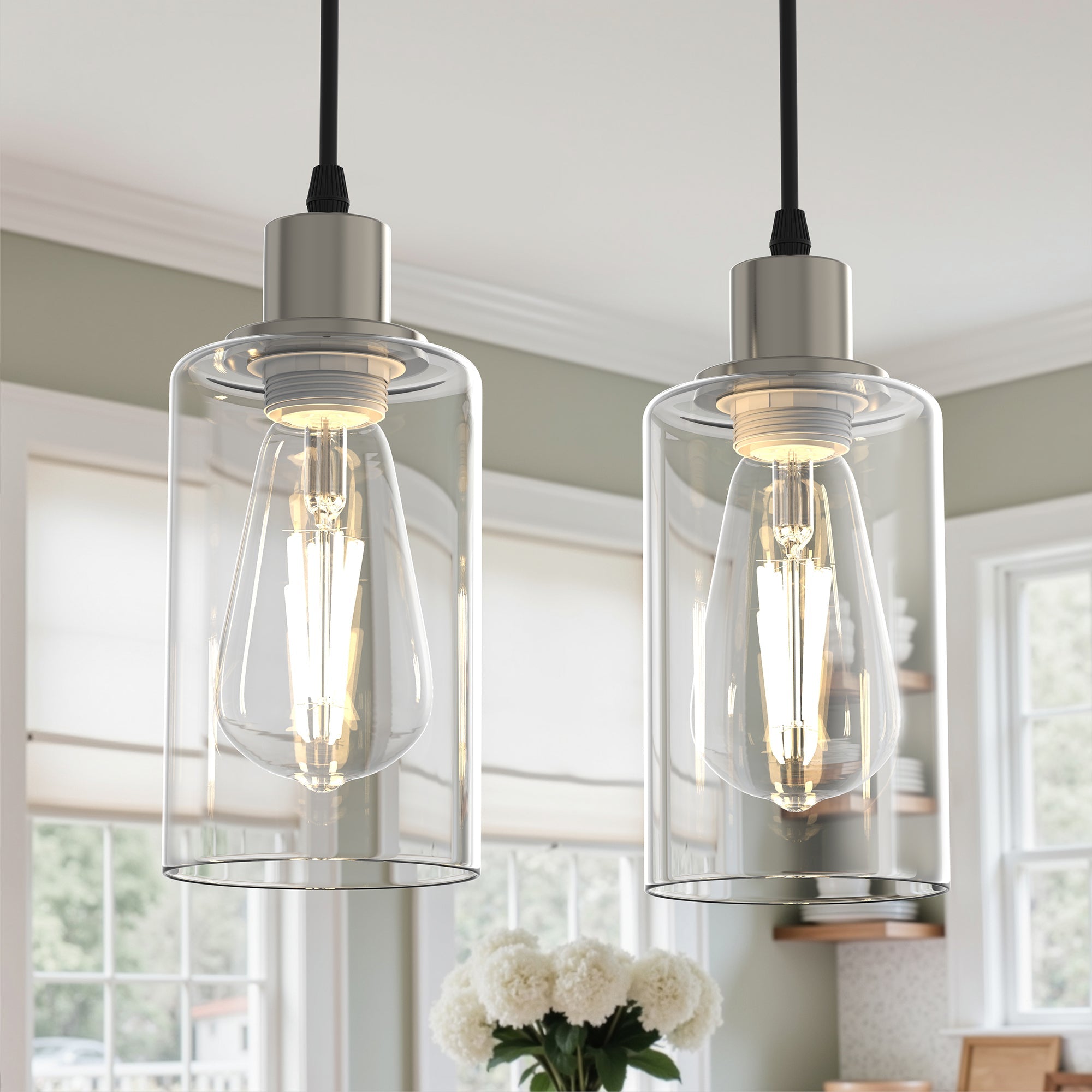 Jandcase 1 Light Nickel Pendant Light with Clear Glass Shade for Kitchen and Dining Room, No Bulbs Included (Set of 2)