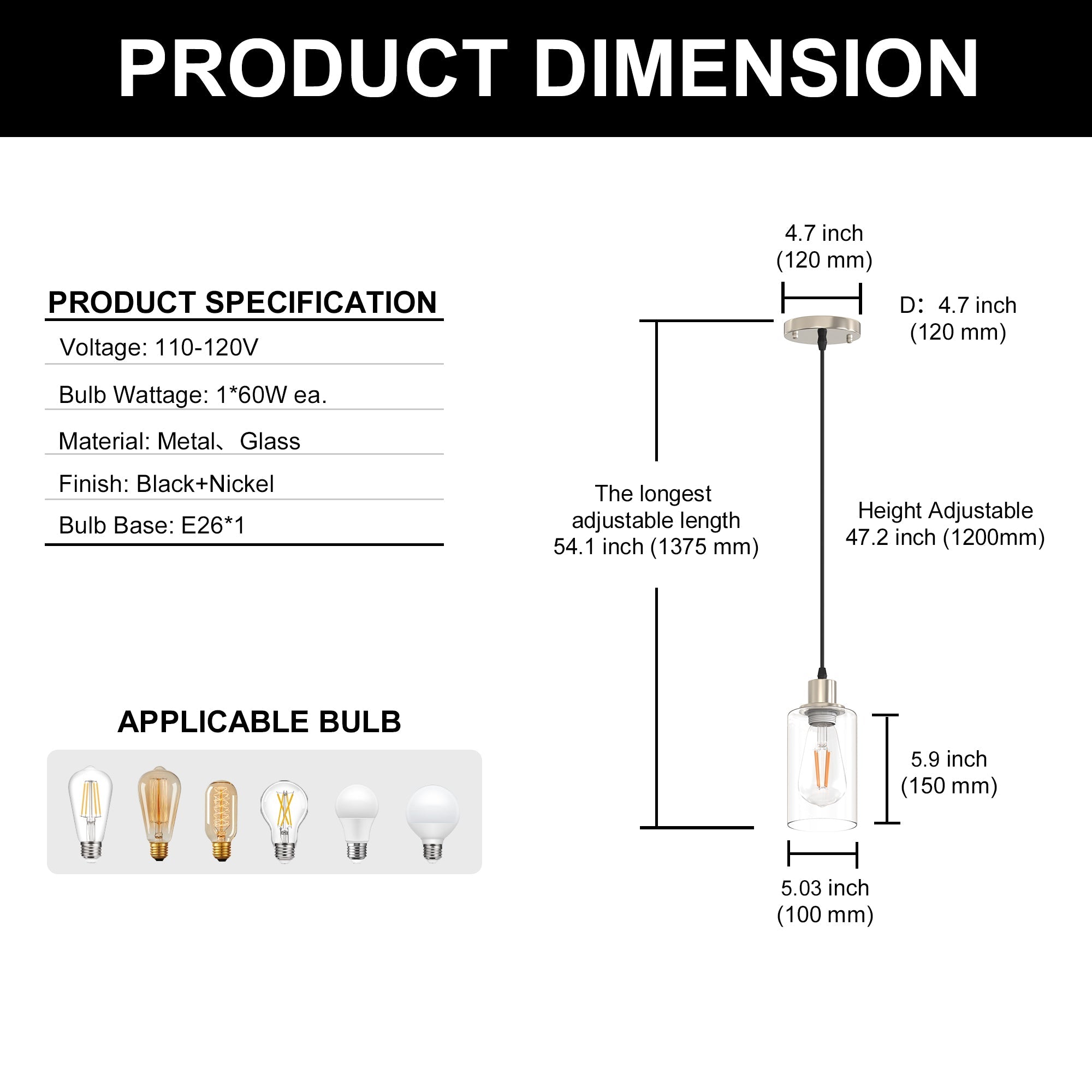 Jandcase 1 Light Nickel Pendant Light with Clear Glass Shade for Kitchen and Dining Room, No Bulbs Included (Set of 2)