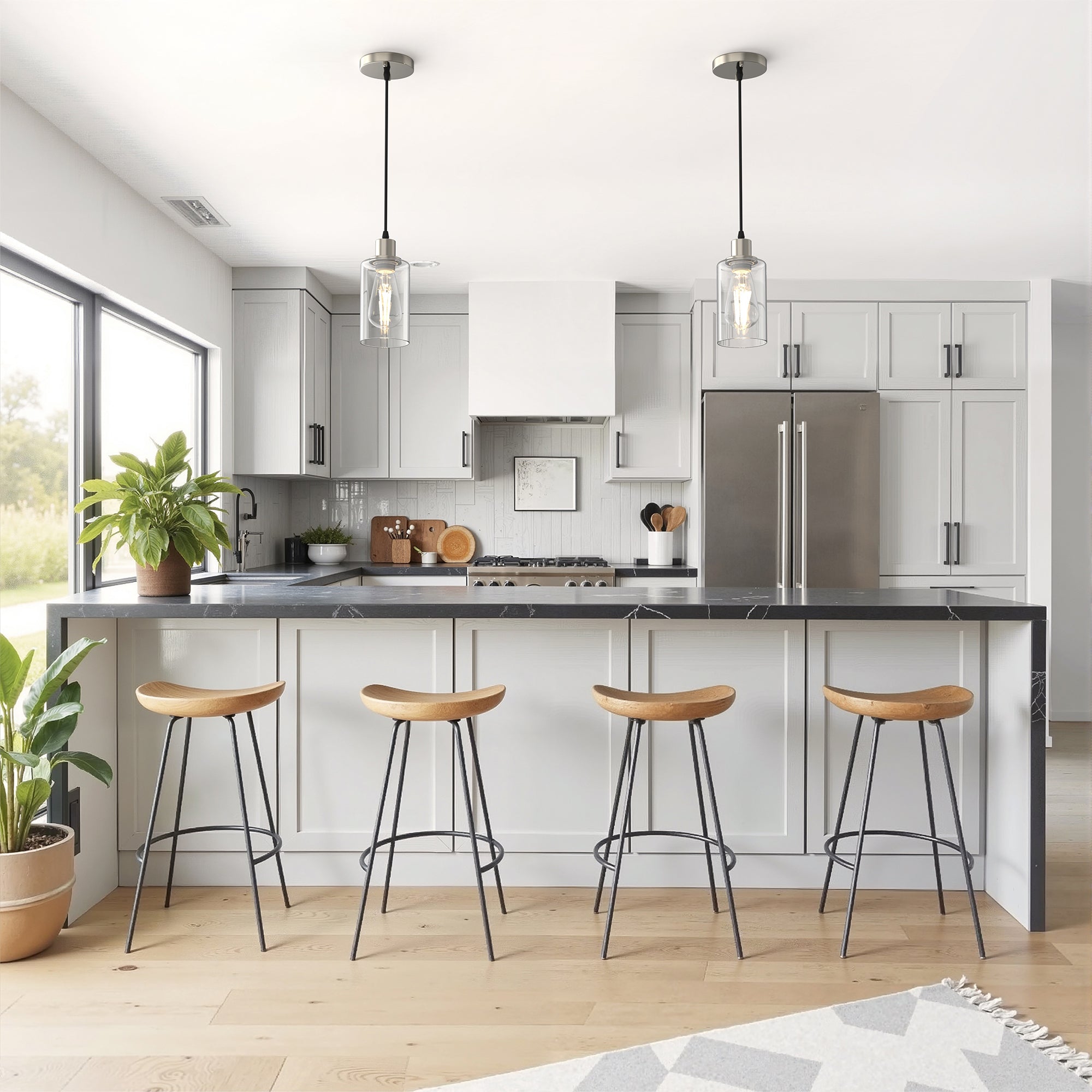Jandcase 1 Light Nickel Pendant Light with Clear Glass Shade for Kitchen and Dining Room, No Bulbs Included (Set of 2)