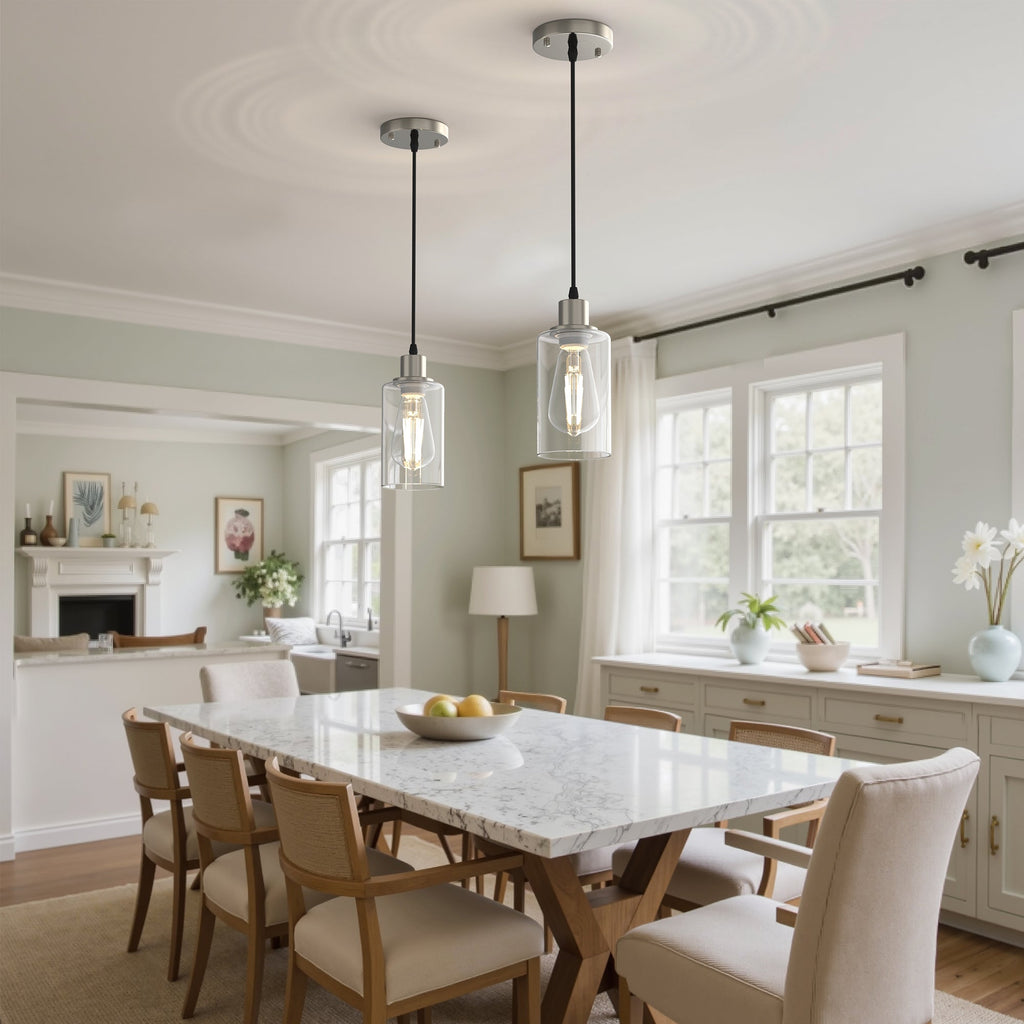 Jandcase 1 Light Nickel Pendant Light with Clear Glass Shade for Kitchen and Dining Room, No Bulbs Included (Set of 2)