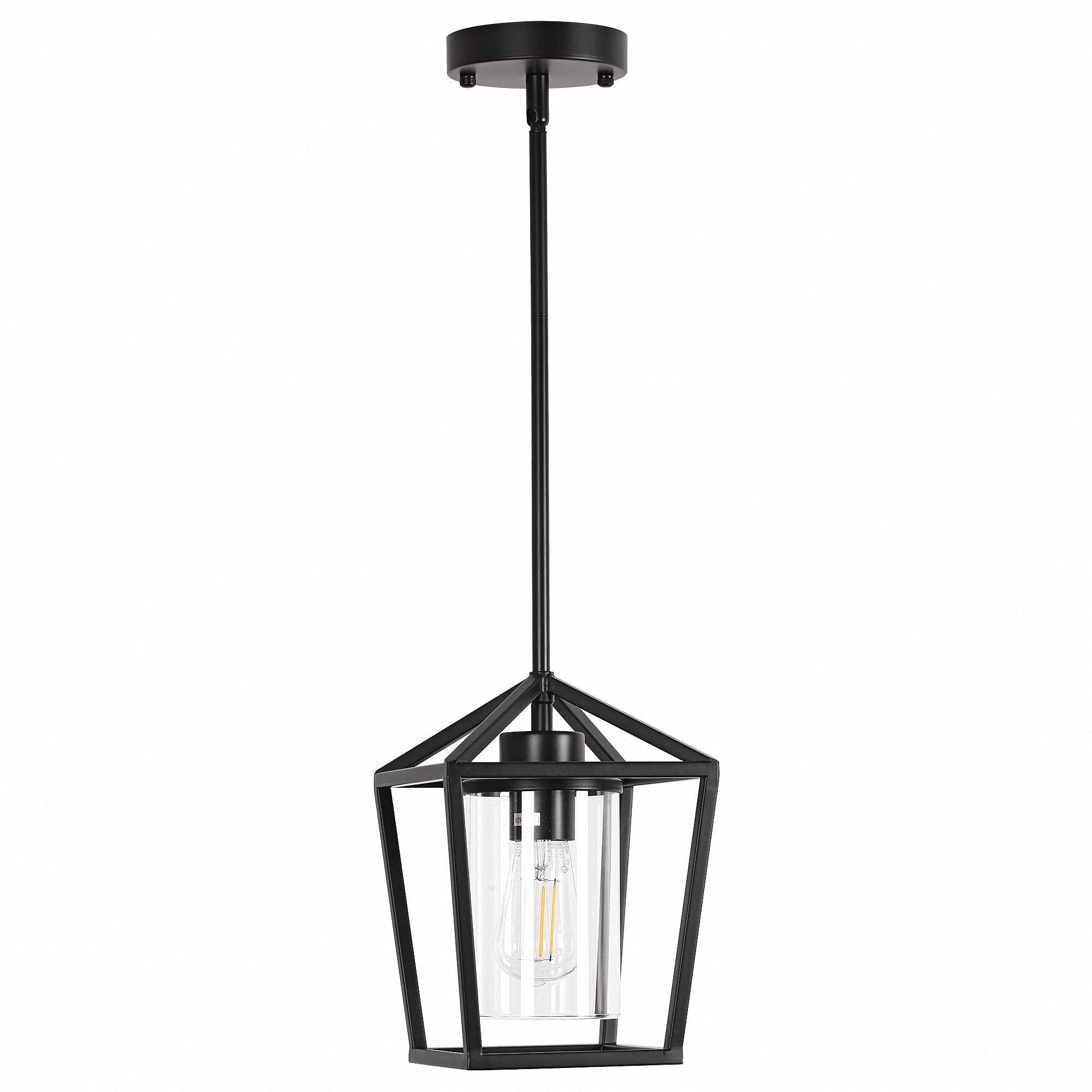 1-Light American Matte Black Lantern Pendant Light with Clear Glass Shade, E26 Socke for Living Room No Bulbs Included