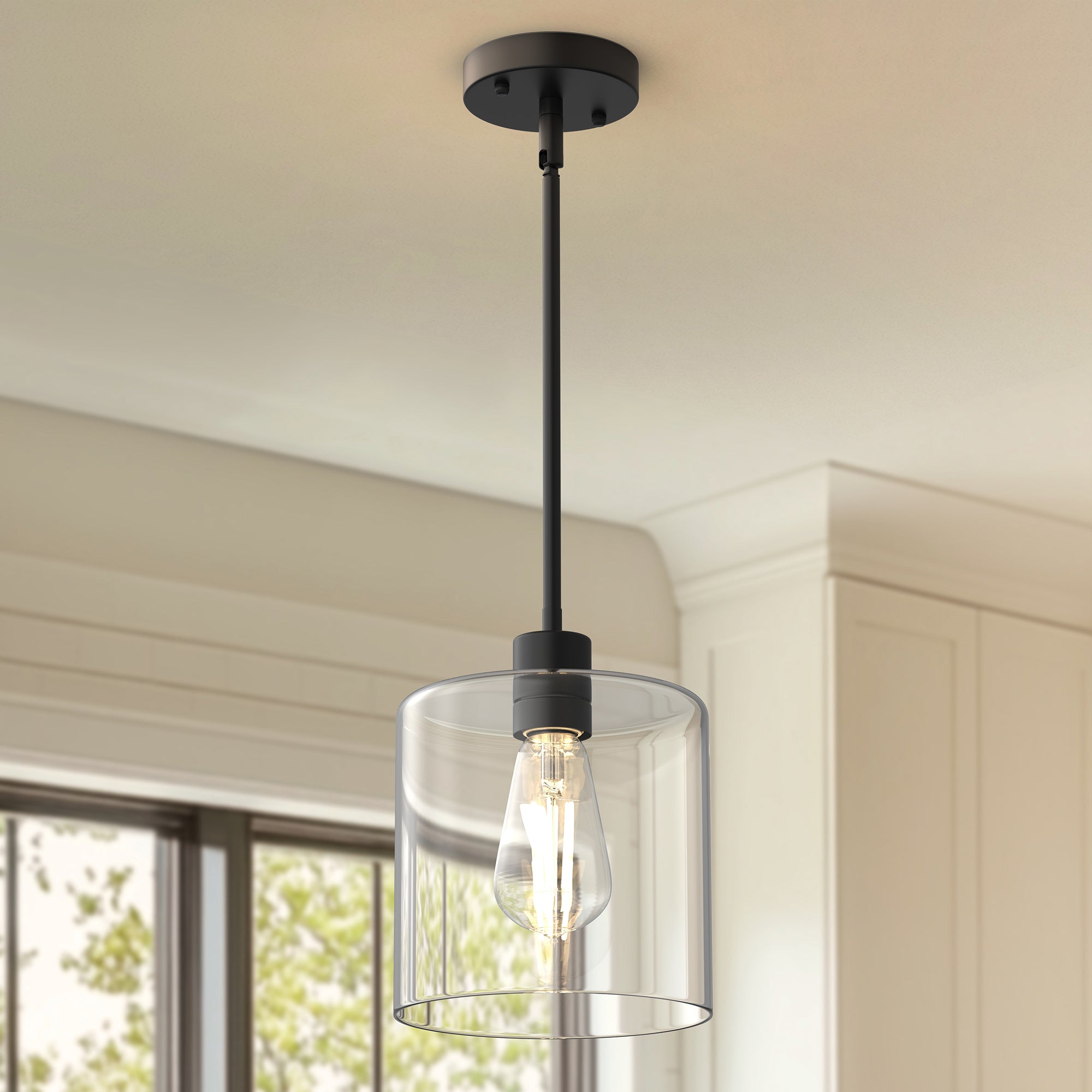 Jandcase 1 Light Modern Matte Black Pendant Light with Clear Glass Shade for Kitchen and Dining Room, No Bulbs Included