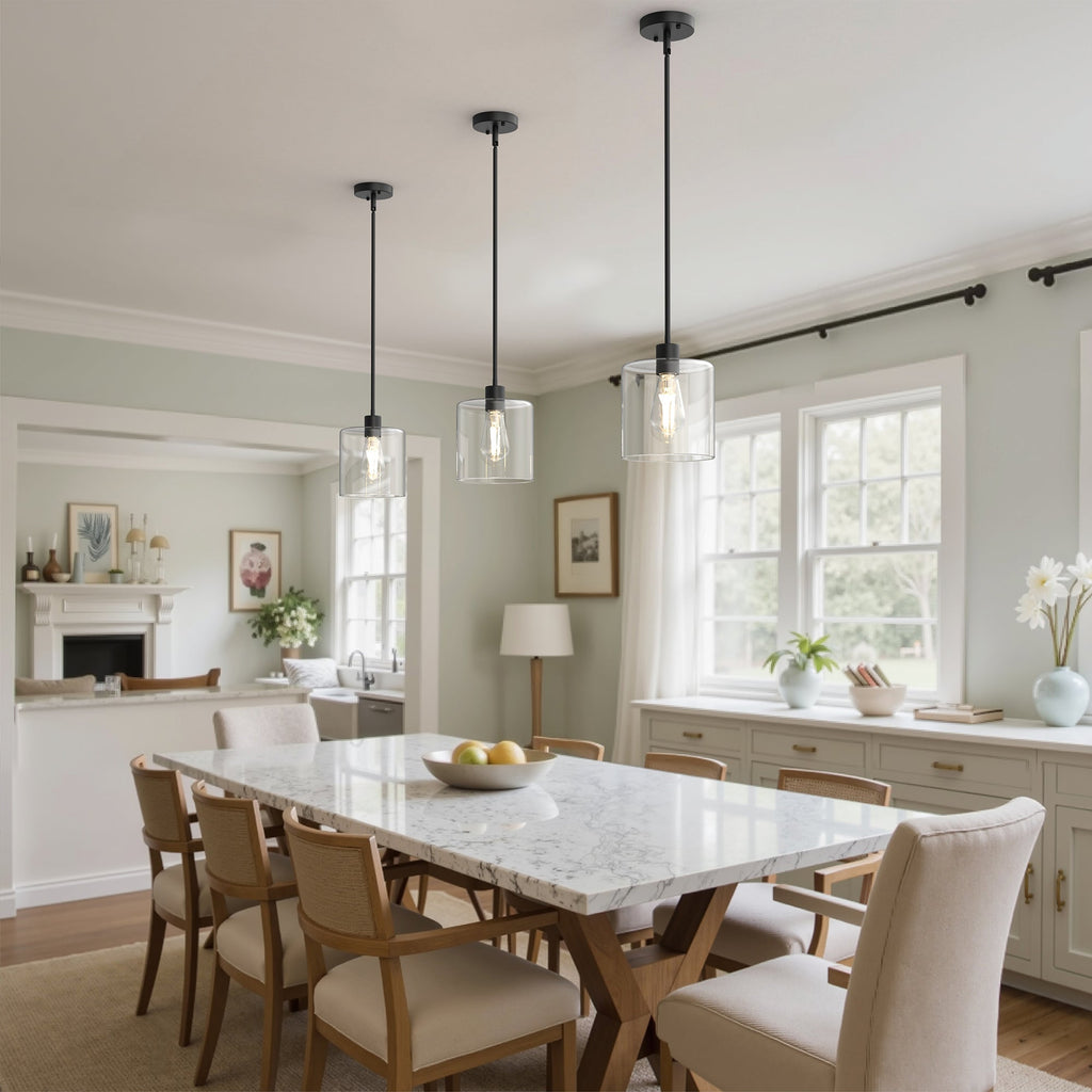 Jandcase 1 Light Modern Matte Black Pendant Light with Clear Glass Shade for Kitchen and Dining Room, No Bulbs Included