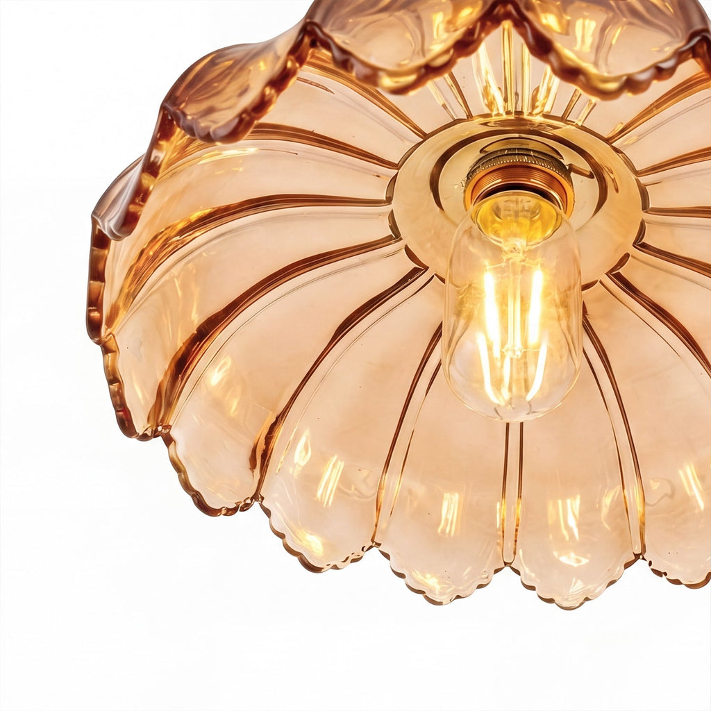 Jandcase 1-Light Brass Pendant Light with Amber Flower Glass Shade Vintage Hanging Ceiling Fixture for Kitchen Island