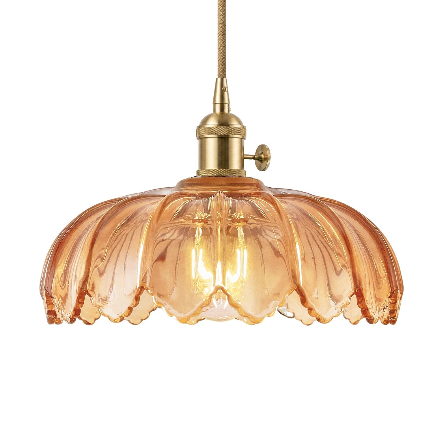 Jandcase 1-Light Brass Pendant Light with Amber Flower Glass Shade Vintage Hanging Ceiling Fixture for Kitchen Island