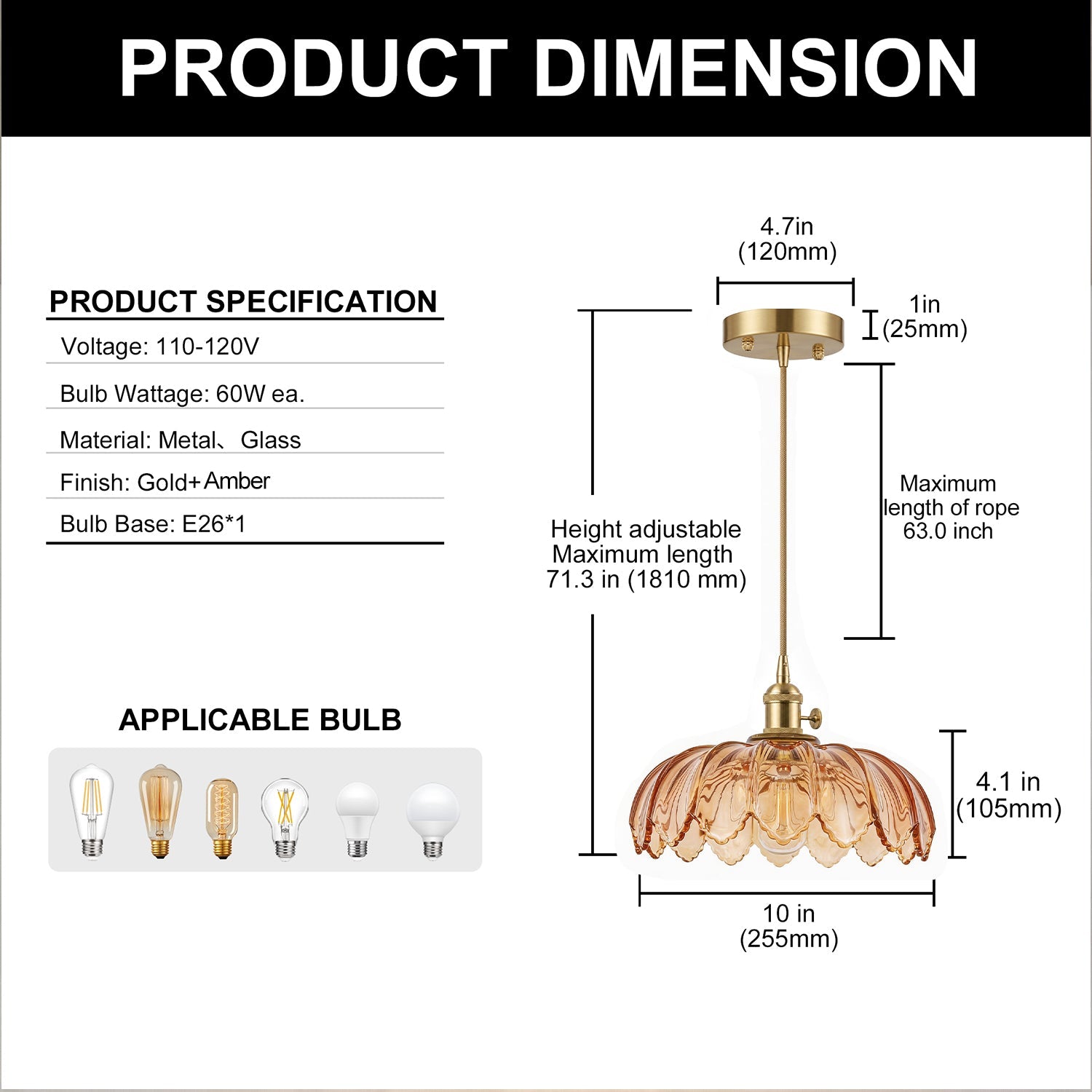 Jandcase 1-Light Brass Pendant Light with Amber Flower Glass Shade Vintage Hanging Ceiling Fixture for Kitchen Island