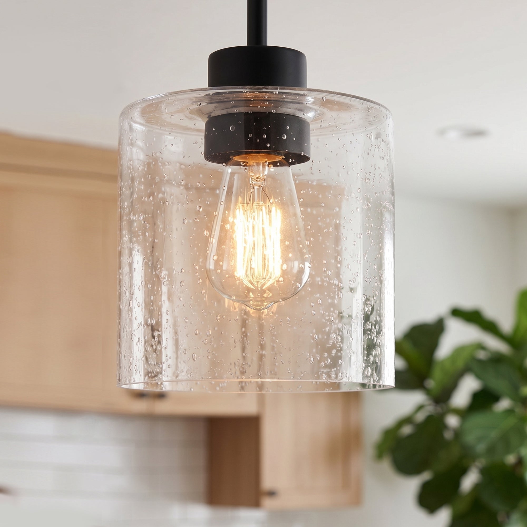 Jandcase 7.9 in. 1-Light Modern Matte Black Pendant Light with CylinderGlass Shade E26 for Kitchen Island Dining Room
