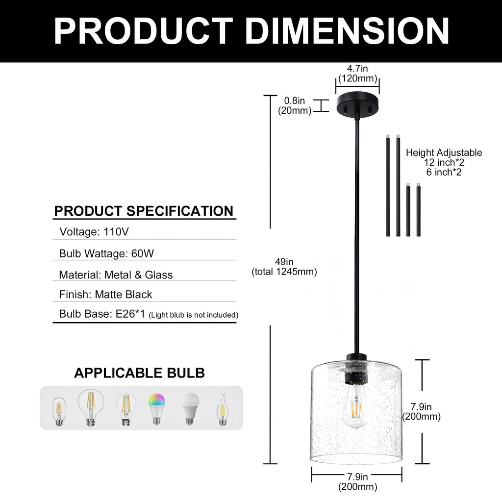 Jandcase 7.9 in. 1-Light Modern Matte Black Pendant Light with CylinderGlass Shade E26 for Kitchen Island Dining Room