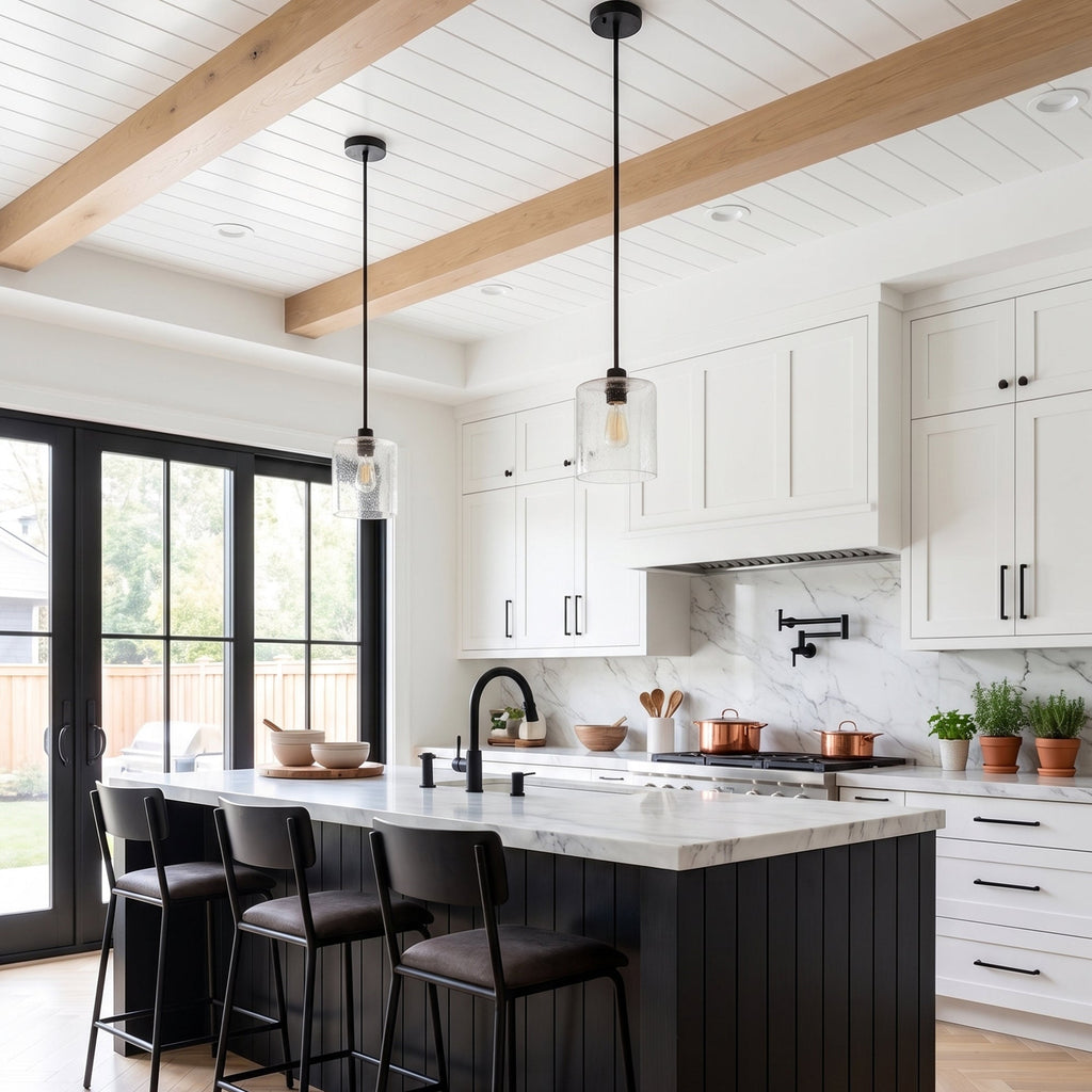 Jandcase 7.9 in. 1-Light Modern Matte Black Pendant Light with CylinderGlass Shade E26 for Kitchen Island Dining Room