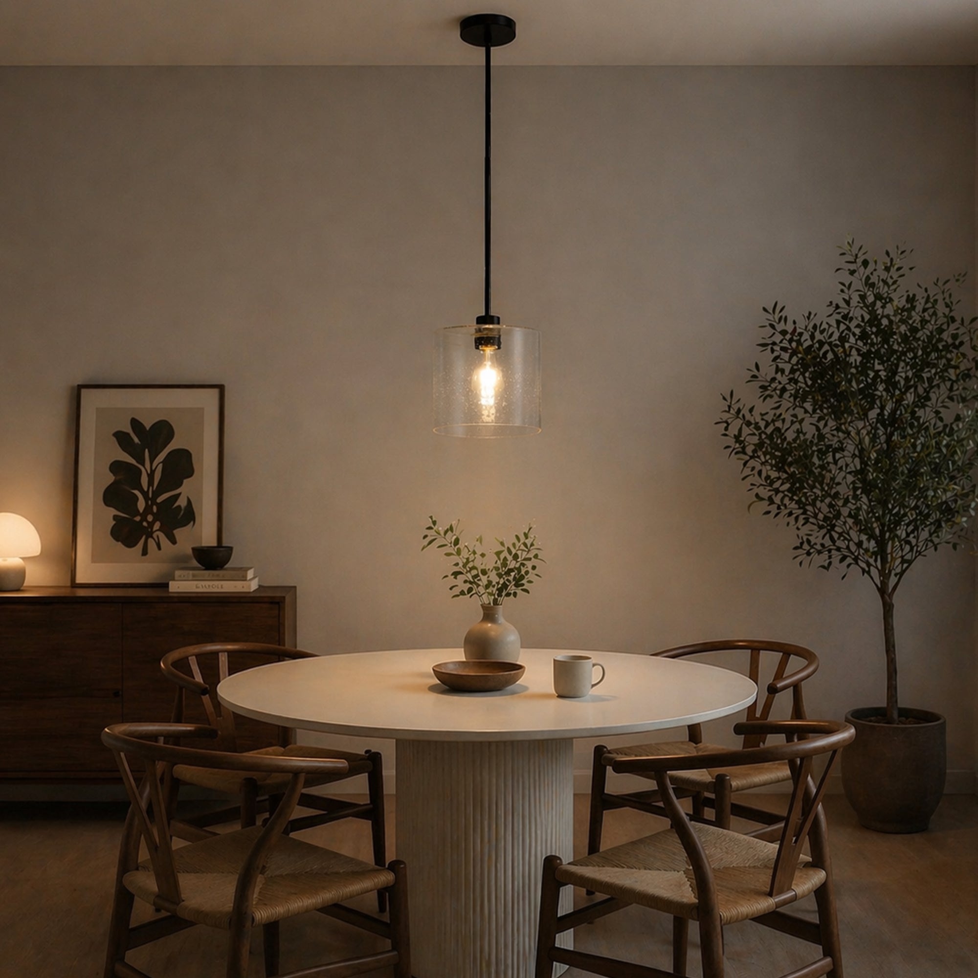 Jandcase 7.9 in. 1-Light Modern Matte Black Pendant Light with CylinderGlass Shade E26 for Kitchen Island Dining Room