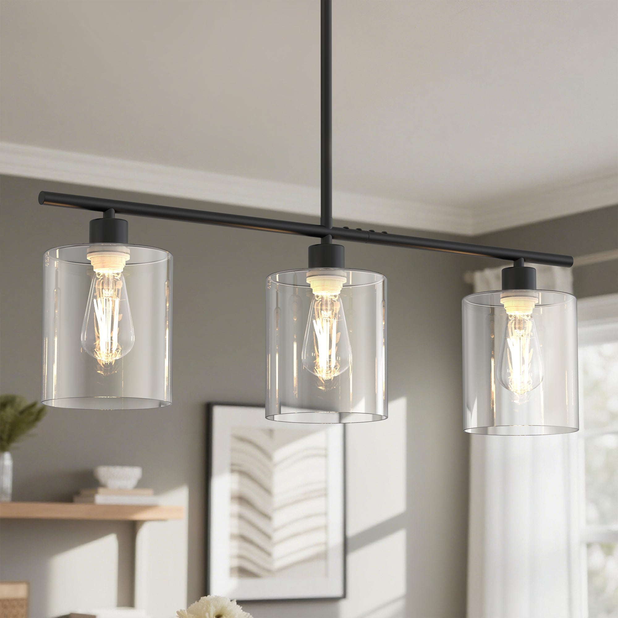 Jandcase 3 Light Kitchen Island Pendant Light with Matte Black Finish and Clear Cylindrical Glass Shades, No Bulbs Included