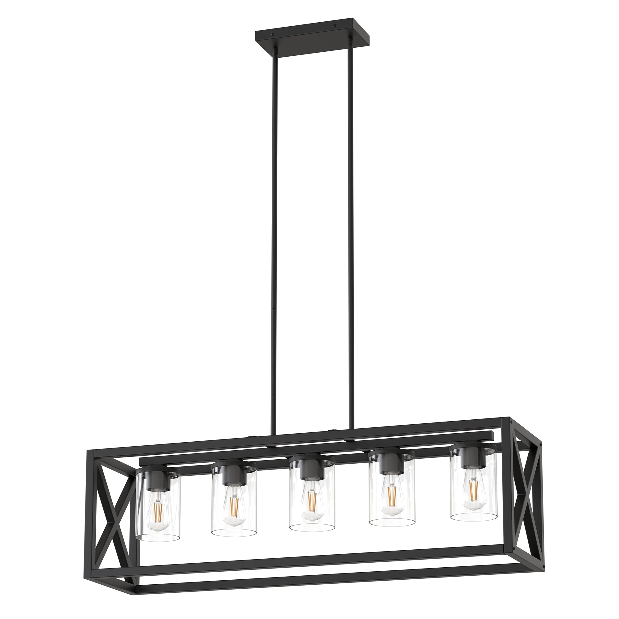 5 Light Matte Black Rectangular Island Pendant with Clear Glass Shades & Adjustable Rods for Kitchen, No Bulbs Included