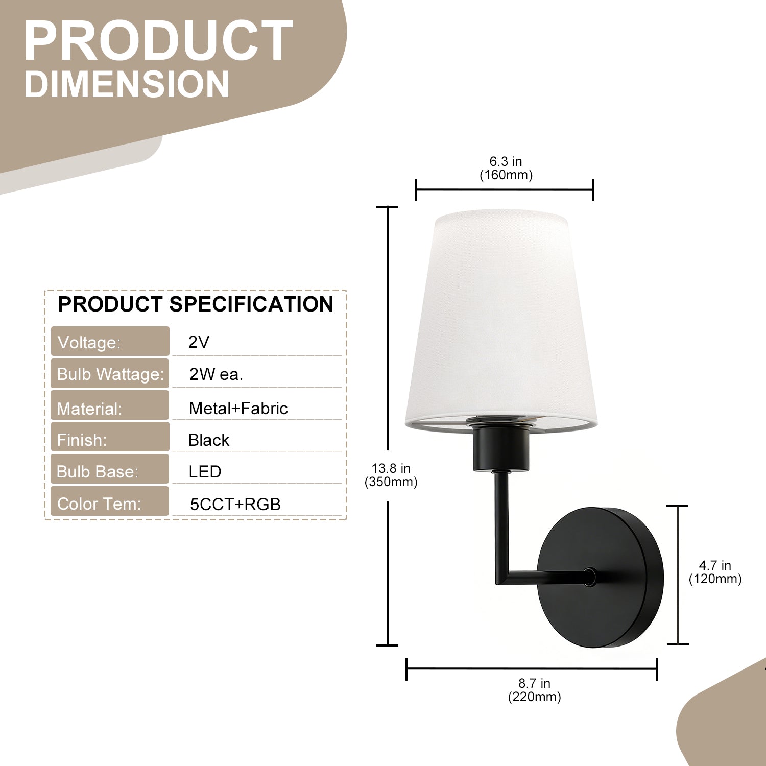 Jandcase 2-Pack Wall Sconces with Fabric Shade, E26 Base, Matte Black, Remote Control RGBCW Dimmable Indoor Lighting