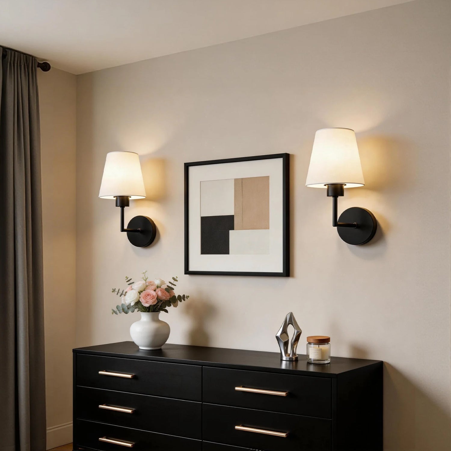 Jandcase 2-Pack Wall Sconces with Fabric Shade, E26 Base, Matte Black, Remote Control RGBCW Dimmable Indoor Lighting
