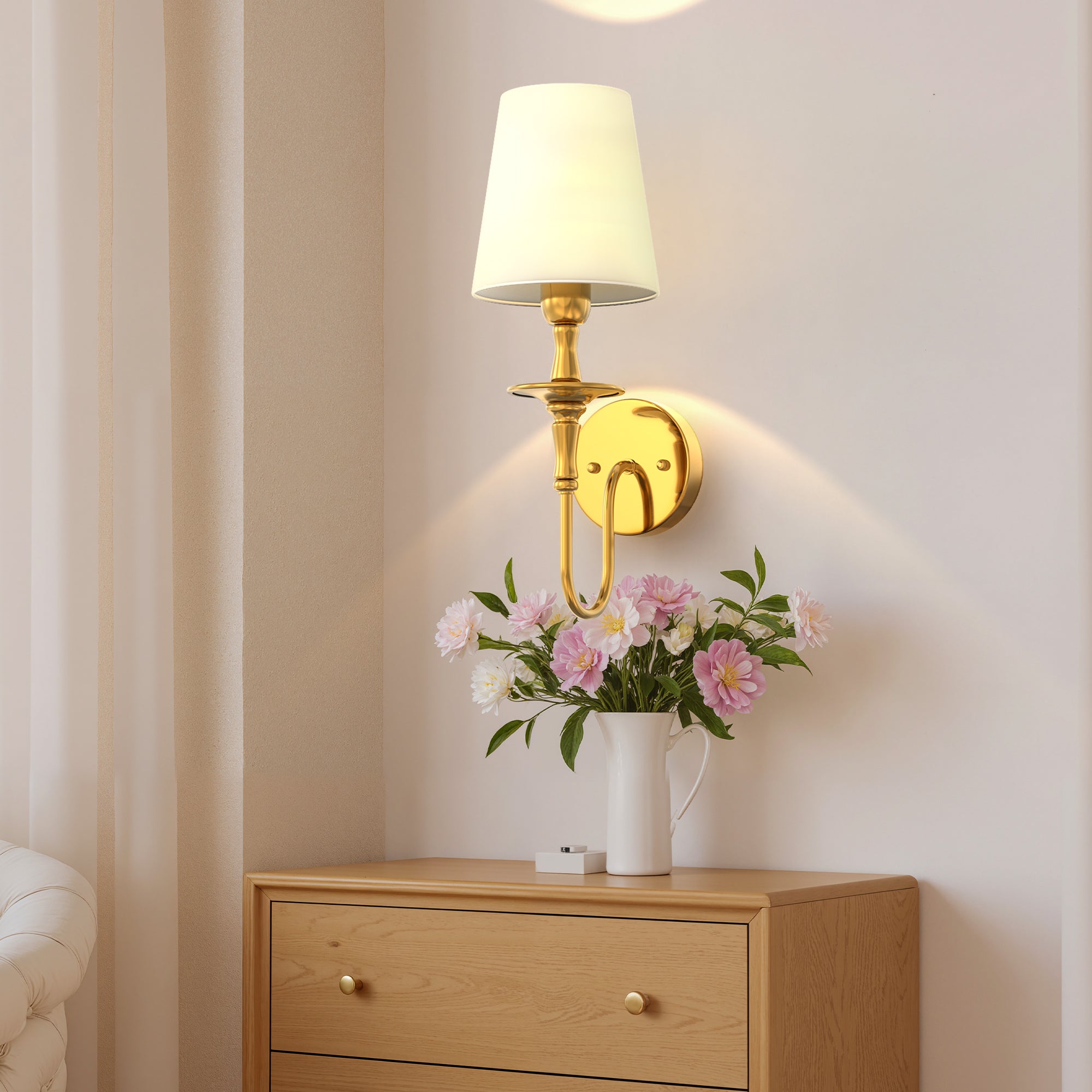 Jandcase 4.3 in.2-Pack Modern Wall Sconces with White Fabric Shades, Copper Indoor Wall Lights with Remote RGB Bulbs Included