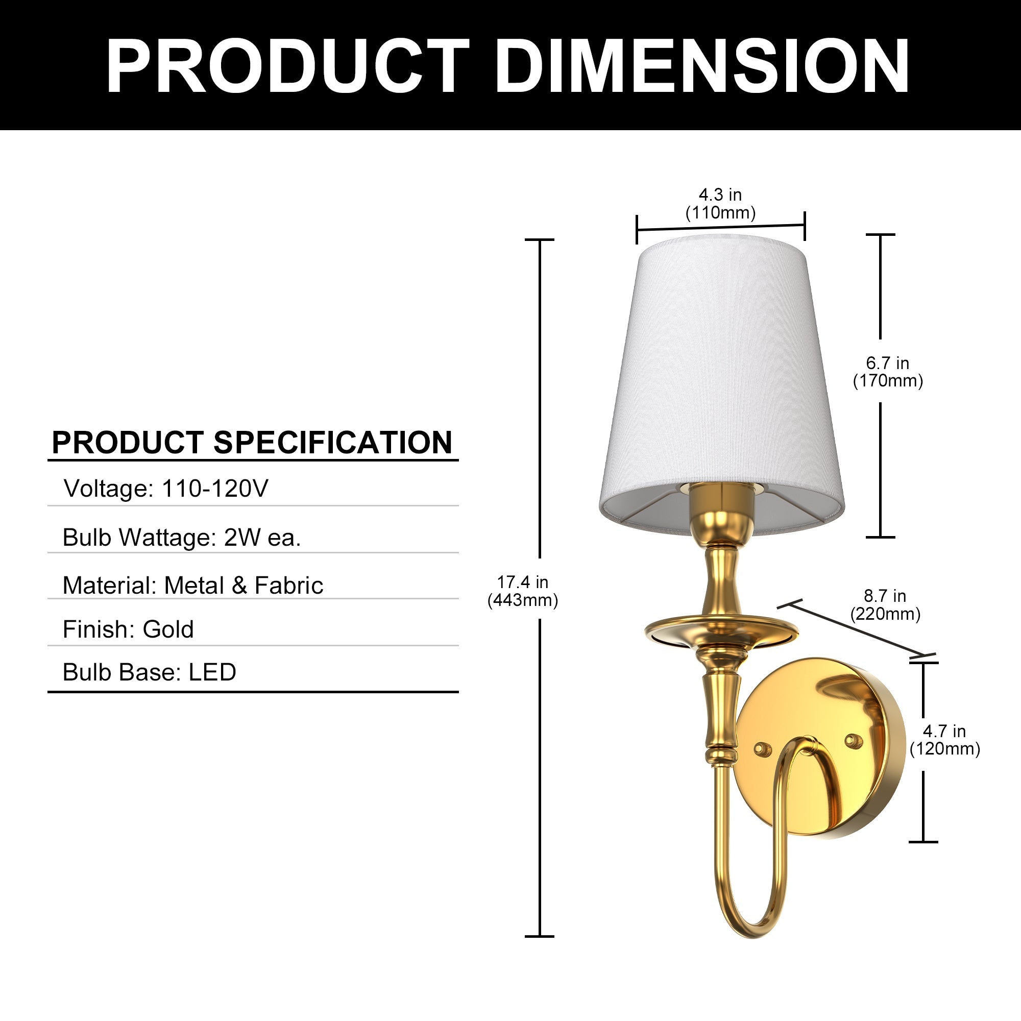 Jandcase 4.3 in.2-Pack Modern Wall Sconces with White Fabric Shades, Copper Indoor Wall Lights with Remote RGB Bulbs Included