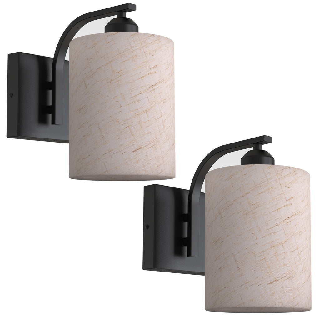 Jandcase 2-Pack Modern Farmhouse Wall Sconce with Fabric Shade Matte Black E26 Indoor Wall Light for Bedroom Hallway Living Room
