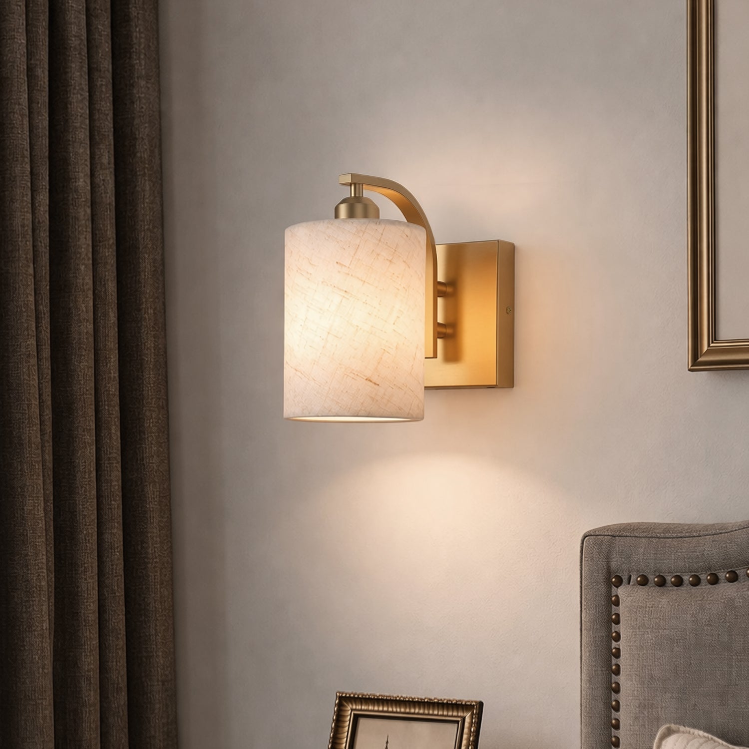 Jandcase Set of 2 Gold Fabric Wall Sconces Modern E26 Indoor Wall Lights with Cylindrical Shade for Bedroom Hallway Living Room