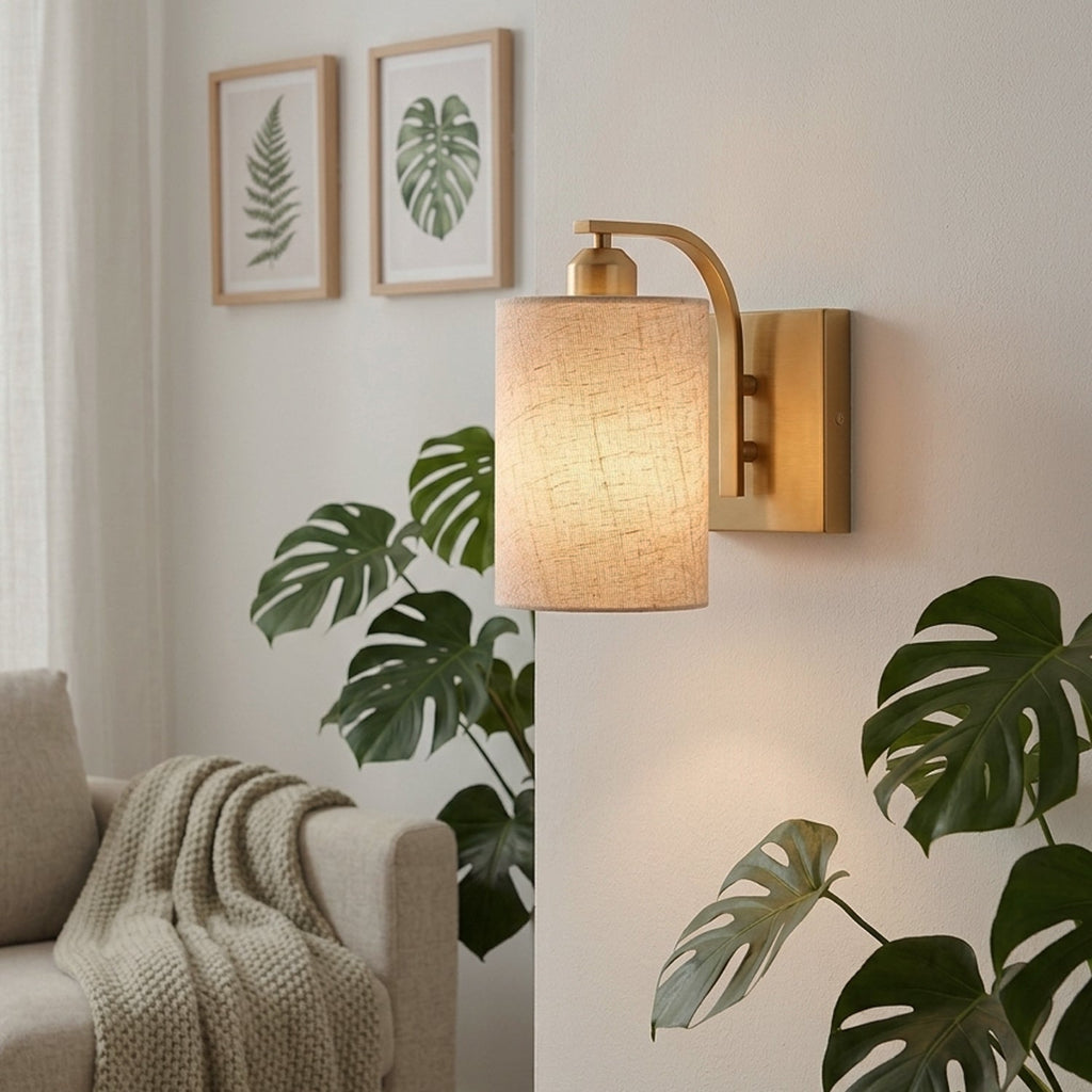 Jandcase Set of 2 Gold Fabric Wall Sconces Modern E26 Indoor Wall Lights with Cylindrical Shade for Bedroom Hallway Living Room