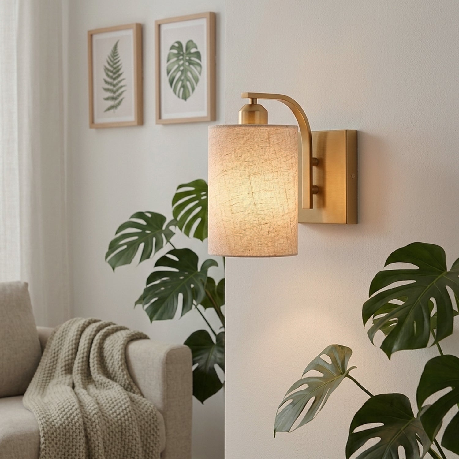 Jandcase Set of 2 Gold Fabric Wall Sconces Modern E26 Indoor Wall Lights with Cylindrical Shade for Bedroom Hallway Living Room