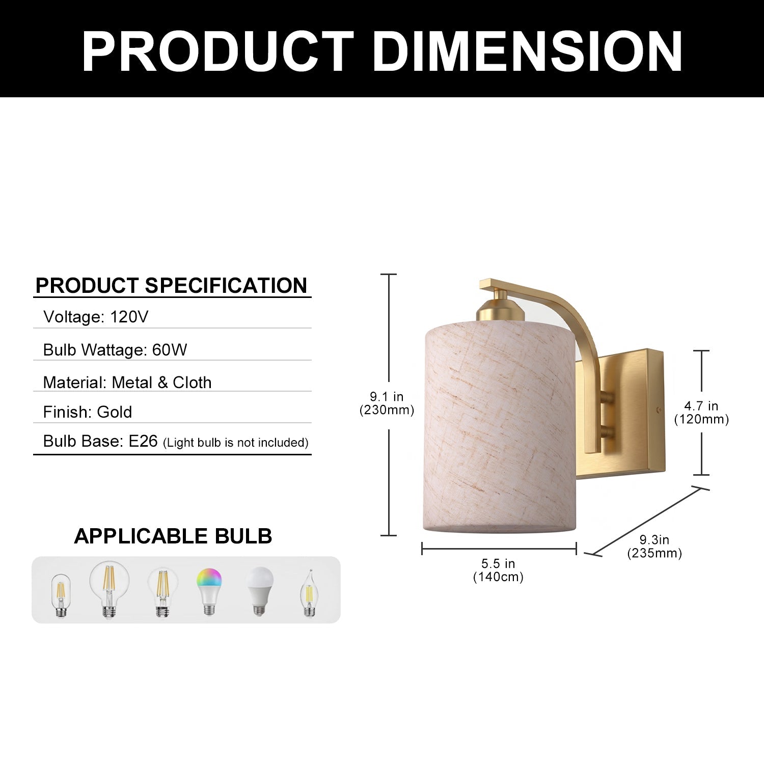Jandcase Set of 2 Gold Fabric Wall Sconces Modern E26 Indoor Wall Lights with Cylindrical Shade for Bedroom Hallway Living Room