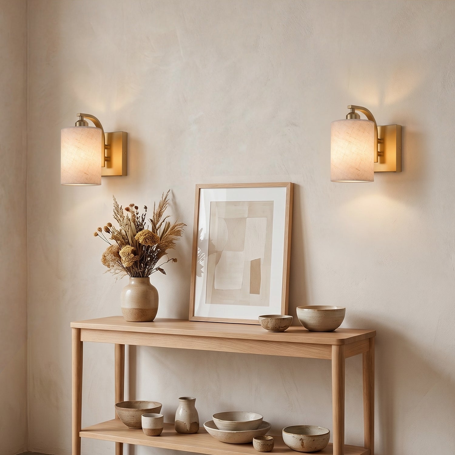 Jandcase Set of 2 Gold Fabric Wall Sconces Modern E26 Indoor Wall Lights with Cylindrical Shade for Bedroom Hallway Living Room