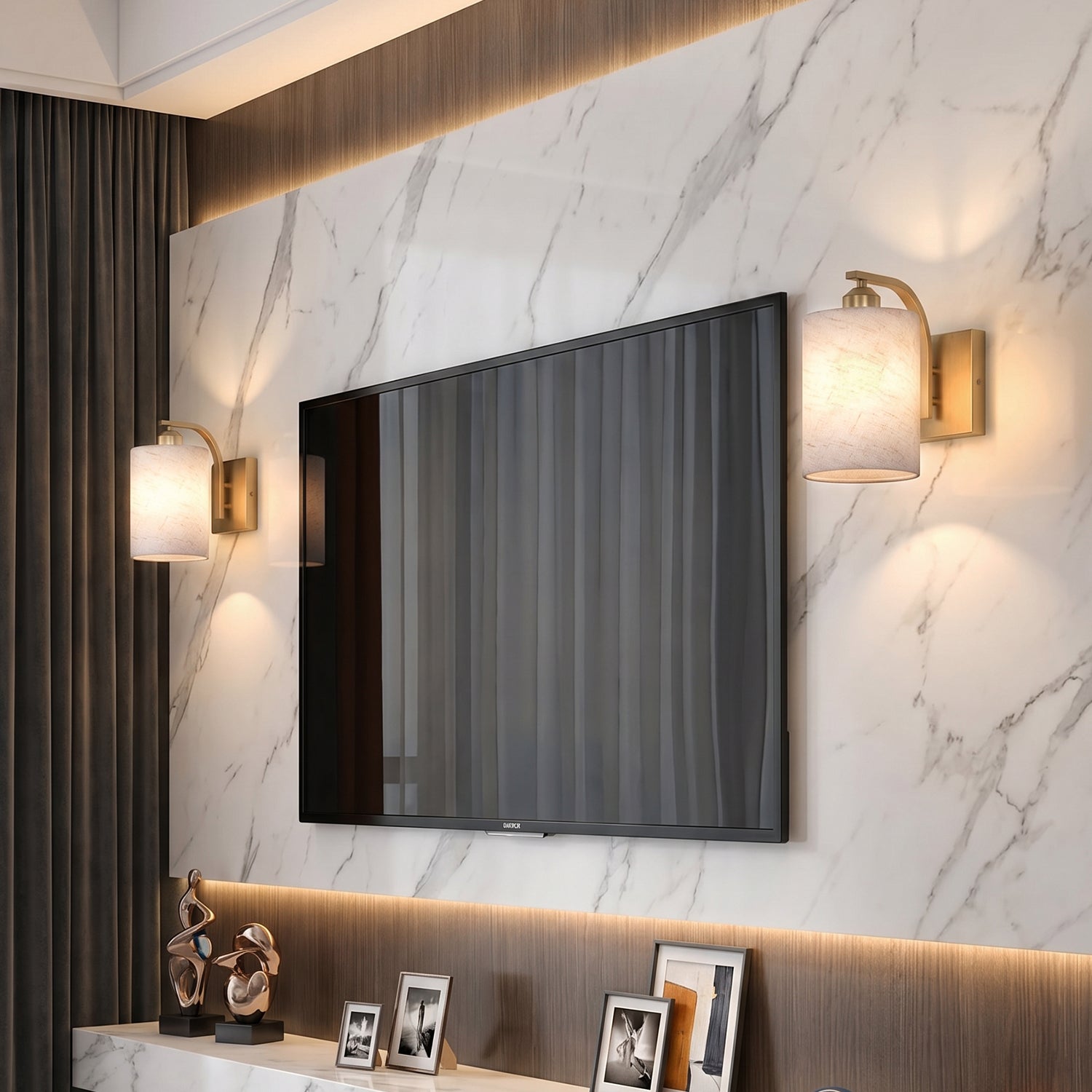 Jandcase Set of 2 Gold Fabric Wall Sconces Modern E26 Indoor Wall Lights with Cylindrical Shade for Bedroom Hallway Living Room