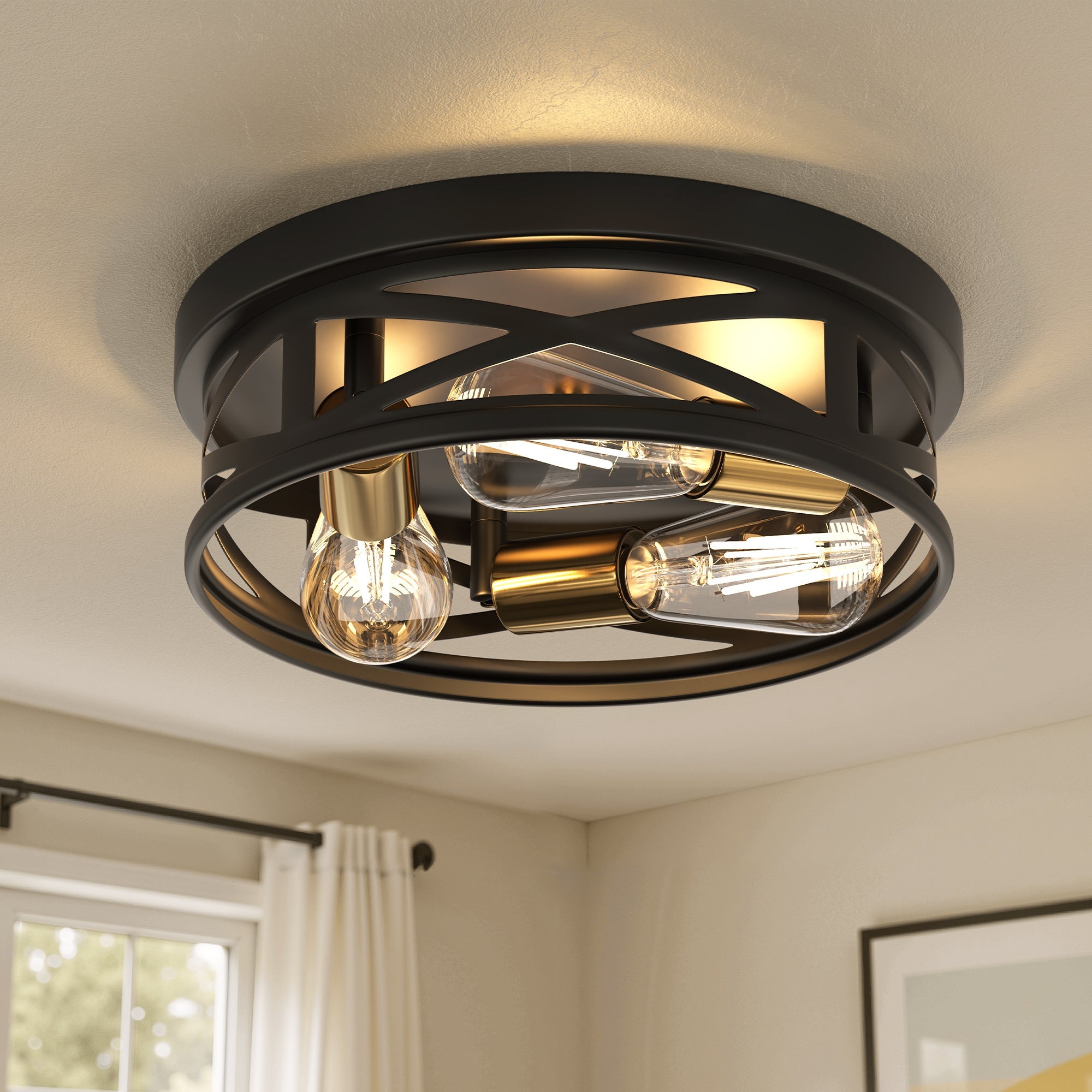 Jandcase 3-Light Matte Black and Antique Brass Semi Flush Mount Ceiling Light Modern Geometric Round Ceiling Fixture E26